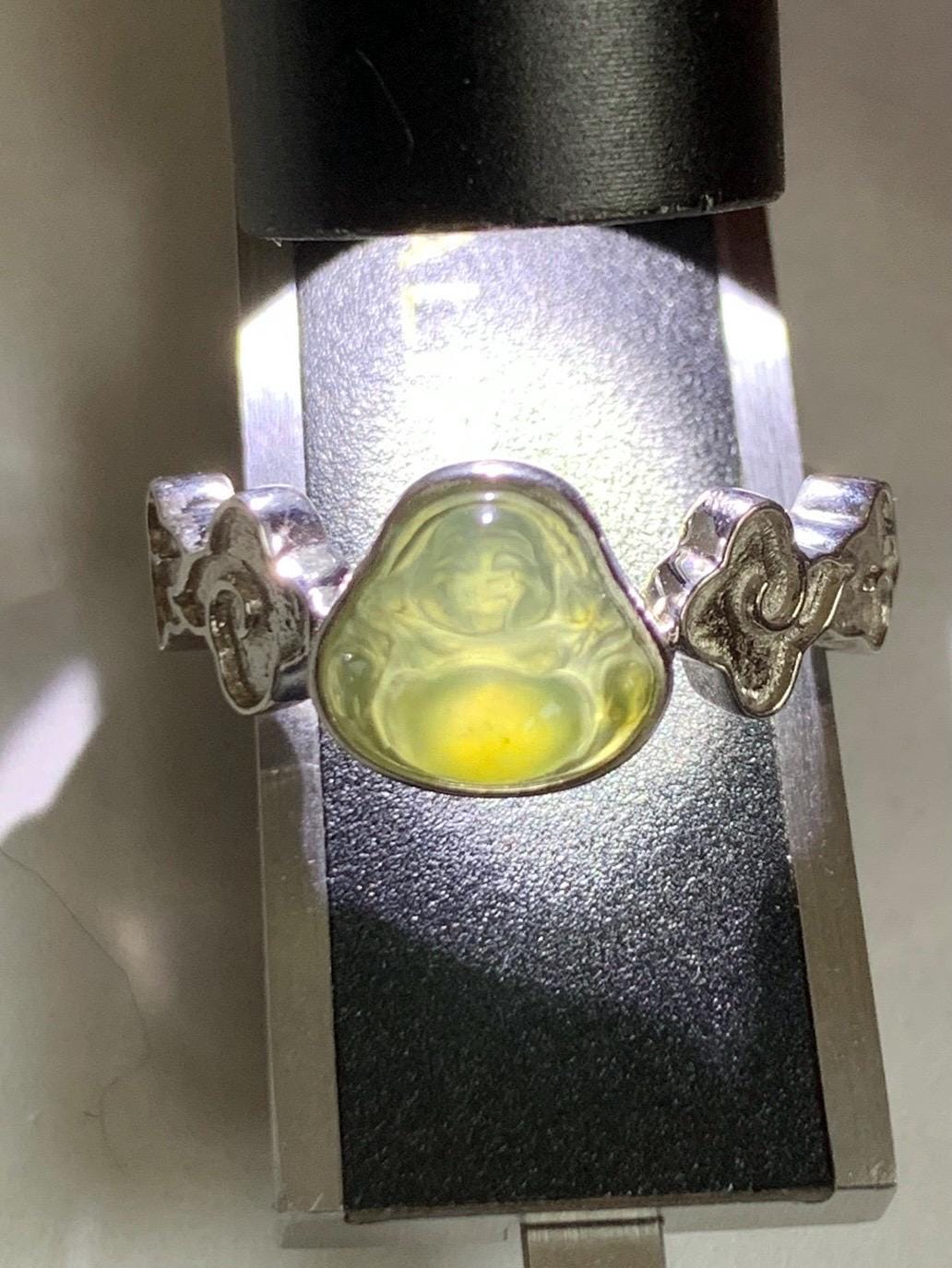 Certified Natural Guatemalan Icy Translucent Pastel Blue Yellow Marbled Jade Jadeite Buddha Ring Sterling Silver Size 6.25 天然冰危黄蓝翡翠佛公戒指 193