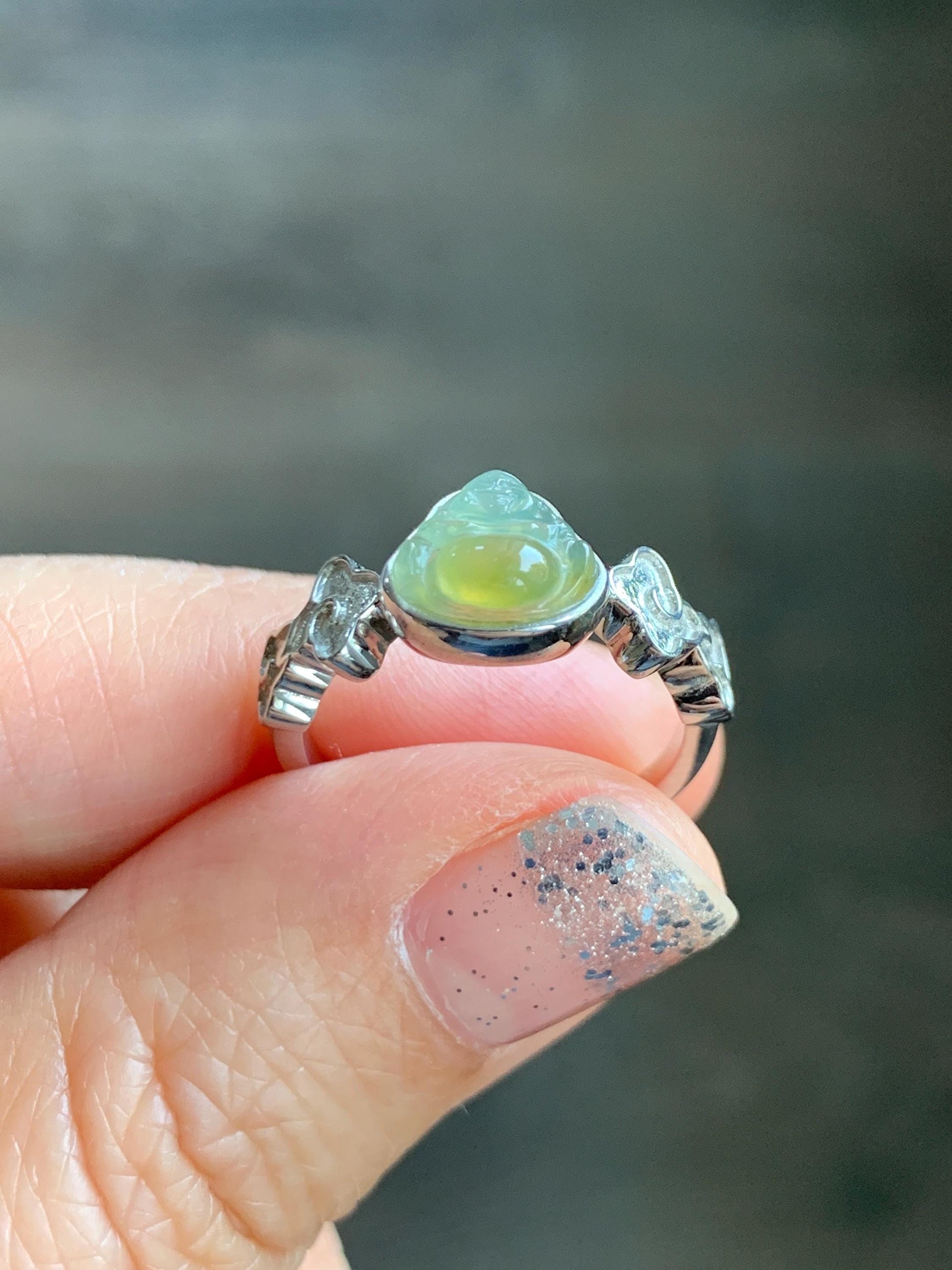 Certified Natural Guatemalan Icy Translucent Pastel Blue Yellow Marbled Jade Jadeite Buddha Ring Sterling Silver Size 6.25 天然冰危黄蓝翡翠佛公戒指 193
