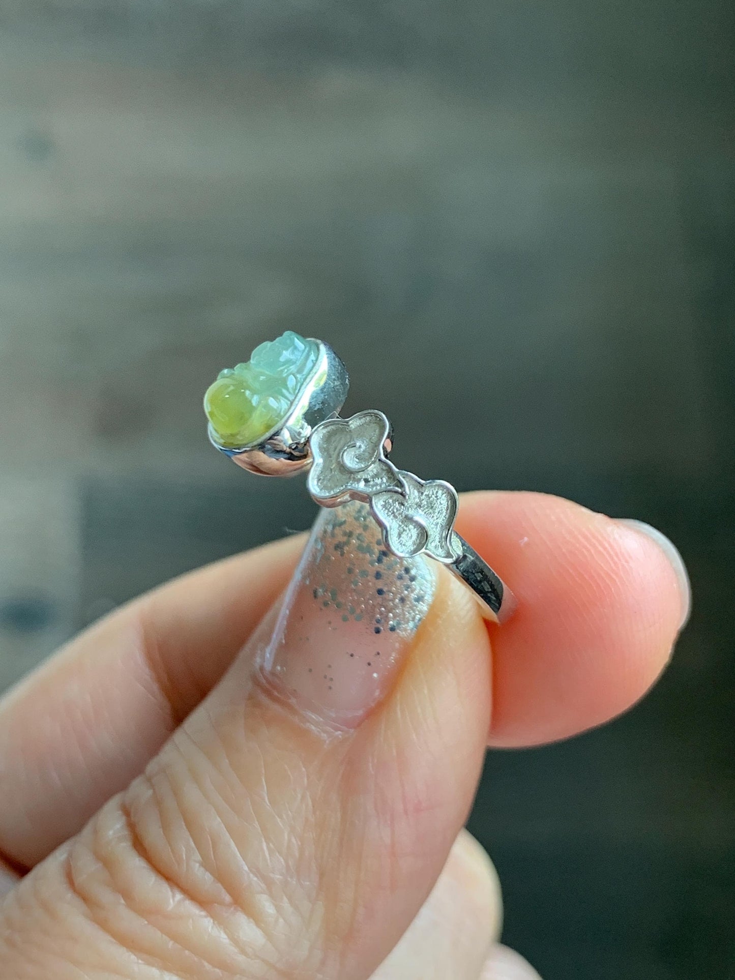 Certified Natural Guatemalan Icy Translucent Pastel Blue Yellow Marbled Jade Jadeite Buddha Ring Sterling Silver Size 6.25 天然冰危黄蓝翡翠佛公戒指 193