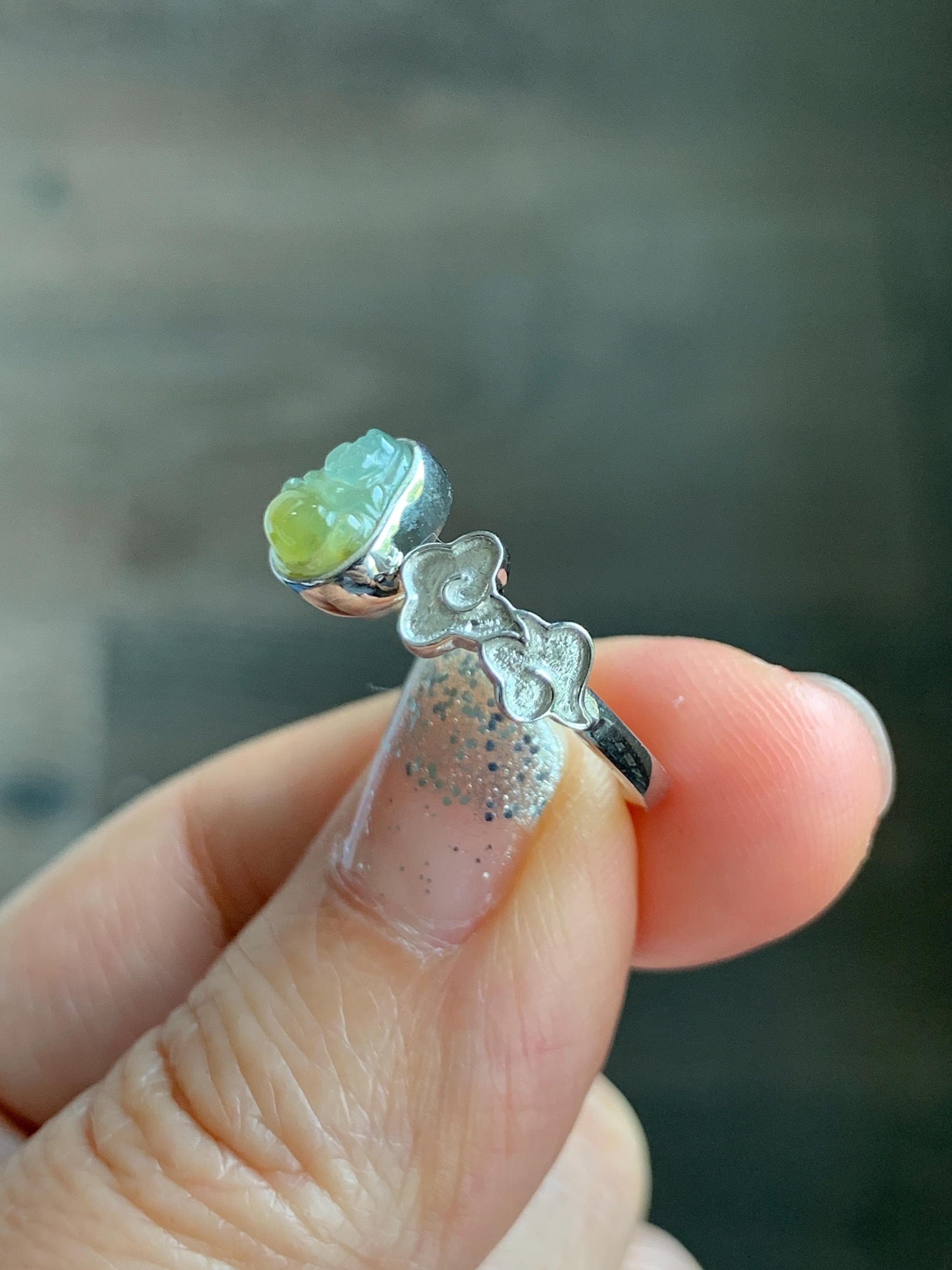 Certified Natural Guatemalan Icy Translucent Pastel Blue Yellow Marbled Jade Jadeite Buddha Ring Sterling Silver Size 6.25 天然冰危黄蓝翡翠佛公戒指 193