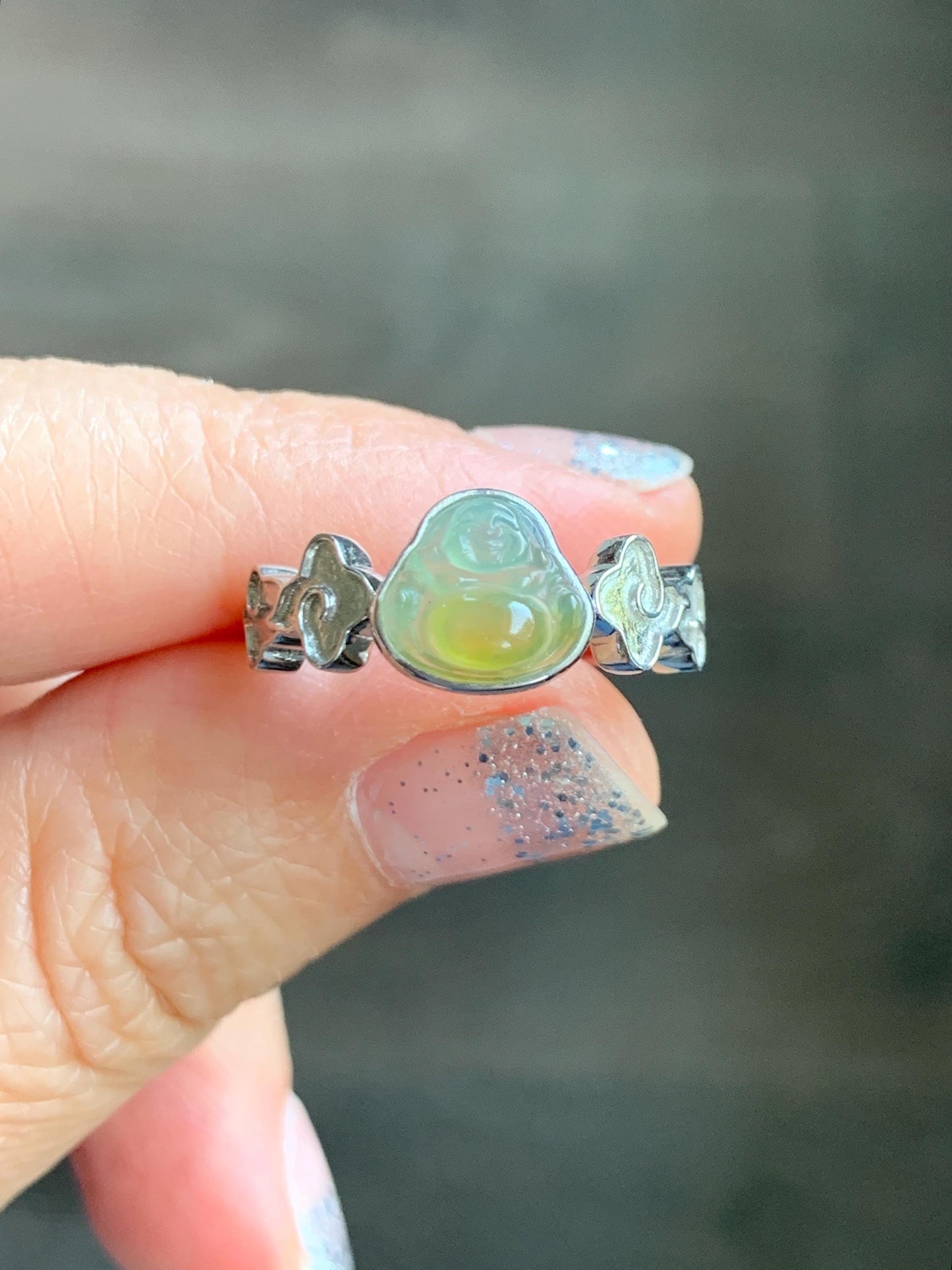 Certified Natural Guatemalan Icy Translucent Pastel Blue Yellow Marbled Jade Jadeite Buddha Ring Sterling Silver Size 6.25 天然冰危黄蓝翡翠佛公戒指 193