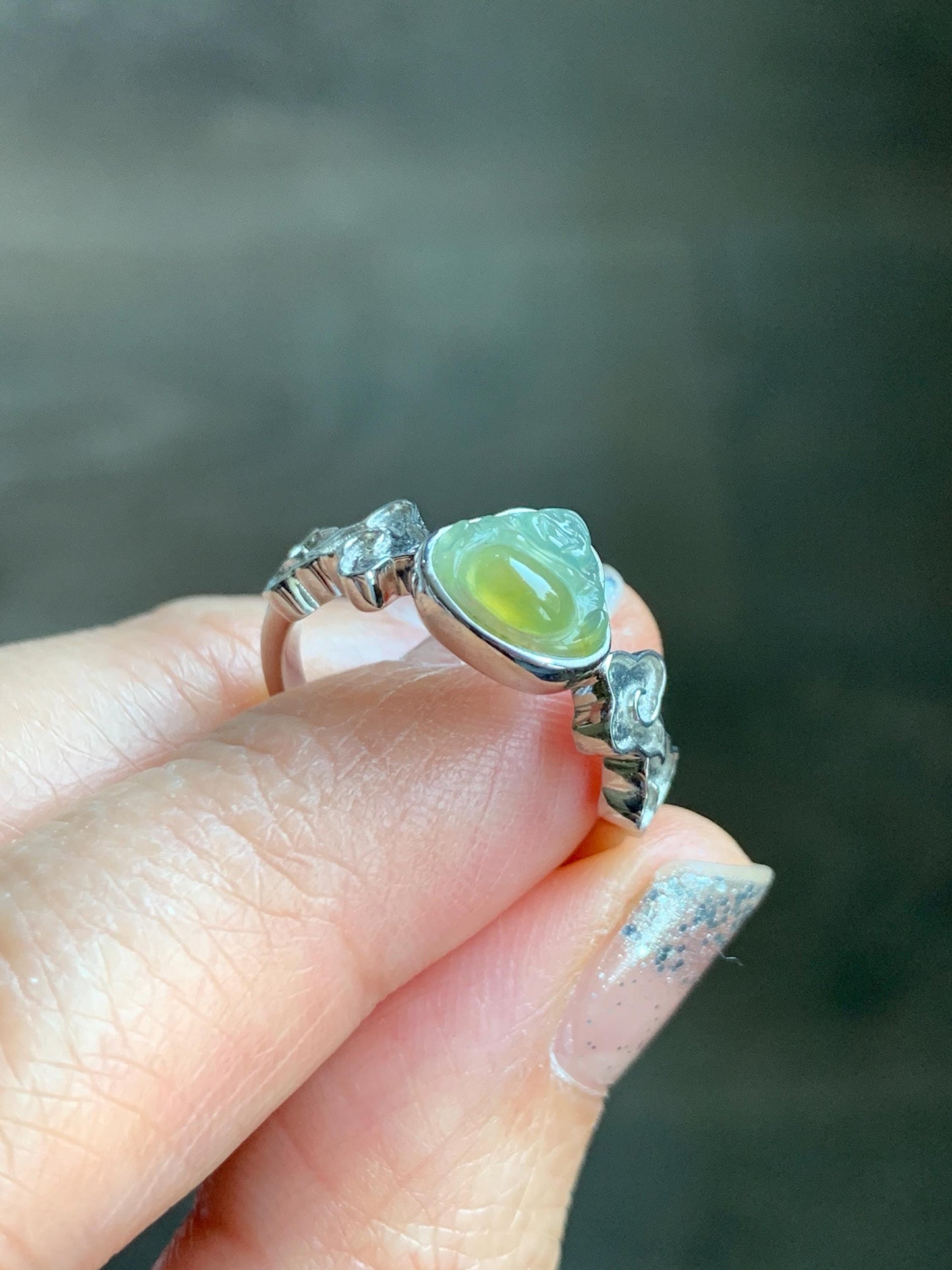 Certified Natural Guatemalan Icy Translucent Pastel Blue Yellow Marbled Jade Jadeite Buddha Ring Sterling Silver Size 6.25 天然冰危黄蓝翡翠佛公戒指 193