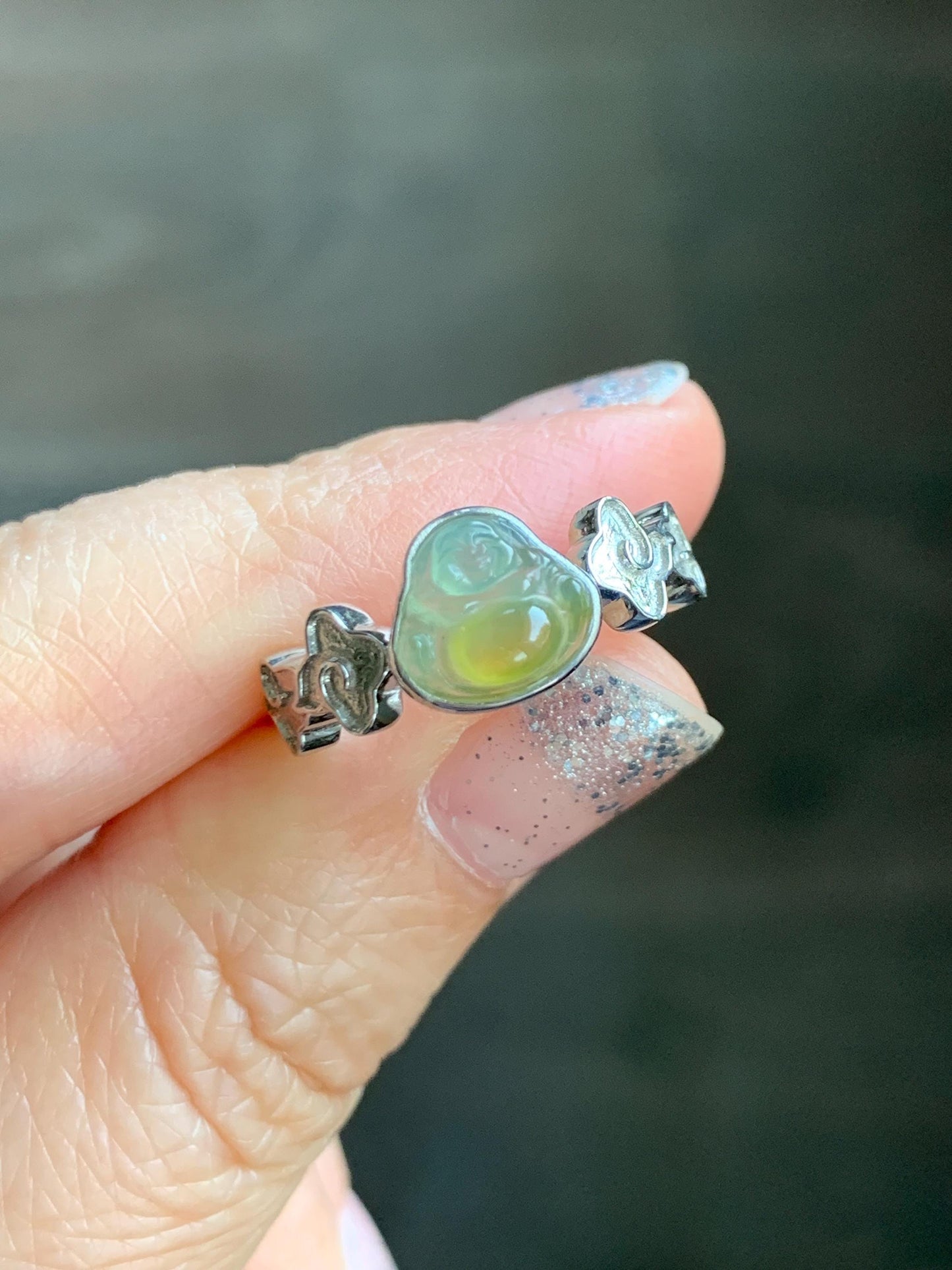 Certified Natural Guatemalan Icy Translucent Pastel Blue Yellow Marbled Jade Jadeite Buddha Ring Sterling Silver Size 6.25 天然冰危黄蓝翡翠佛公戒指 193