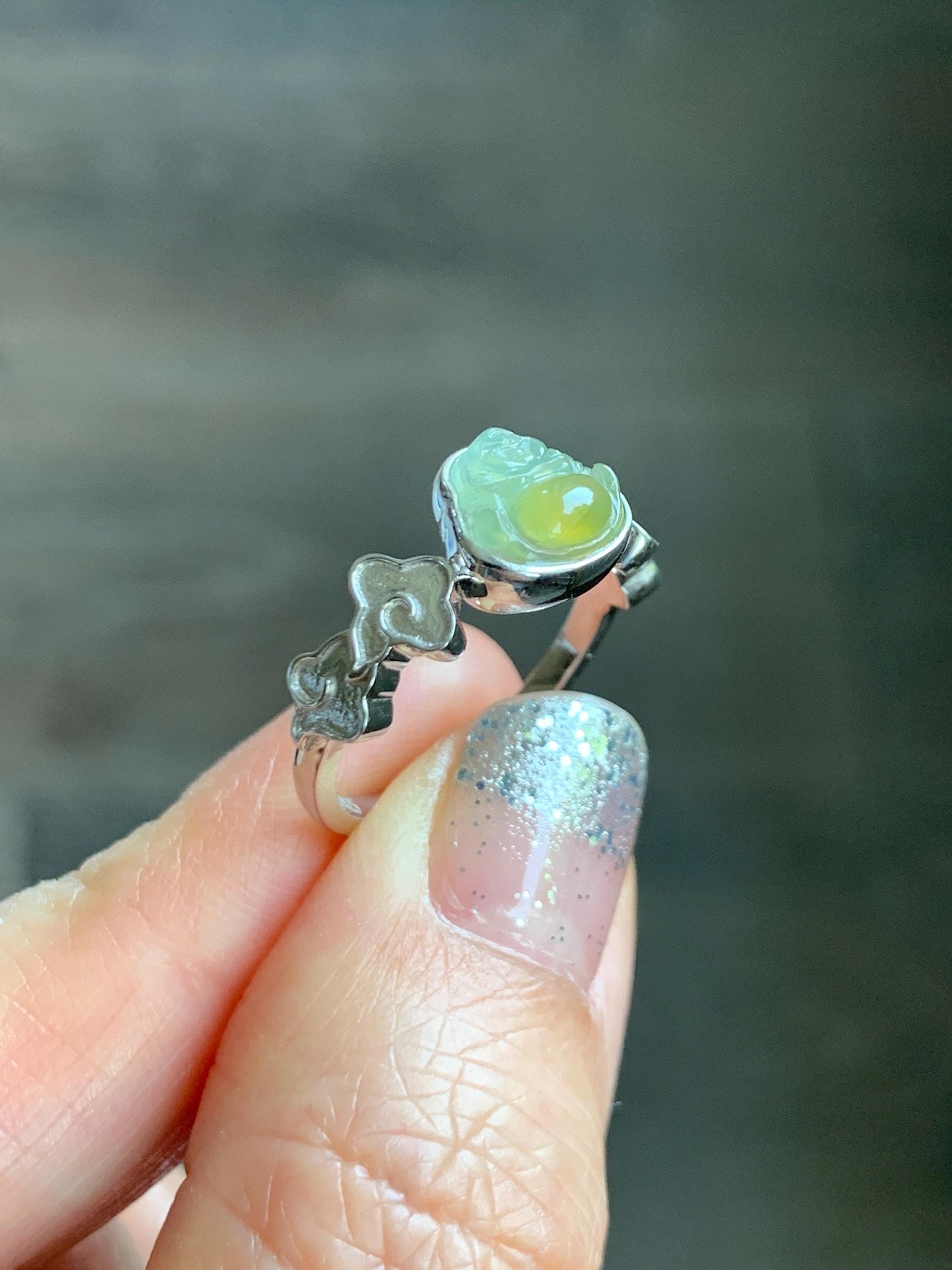 Certified Natural Guatemalan Icy Translucent Pastel Blue Yellow Marbled Jade Jadeite Buddha Ring Sterling Silver Size 6.25 天然冰危黄蓝翡翠佛公戒指 193