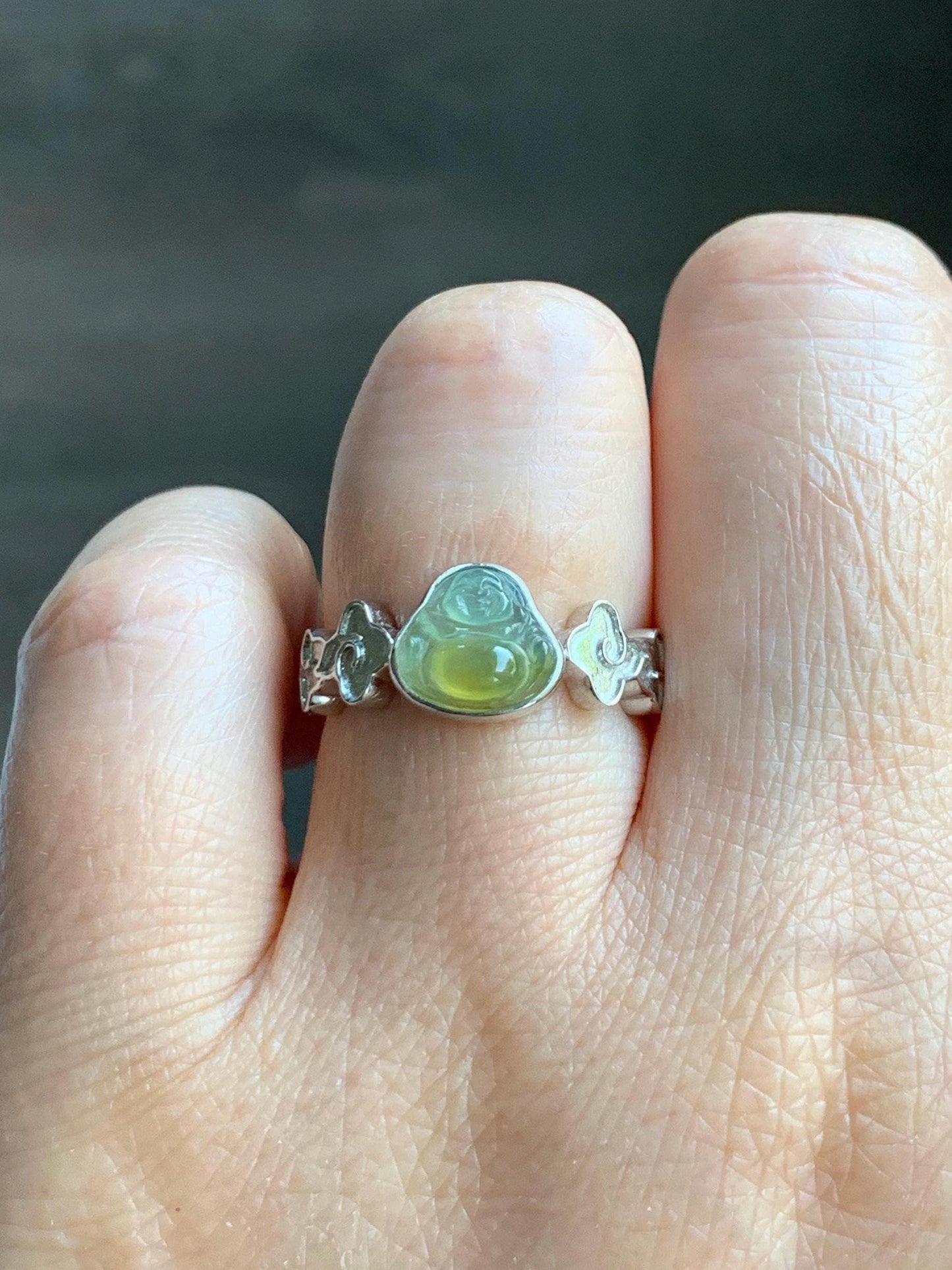 Certified Natural Guatemalan Icy Translucent Pastel Blue Yellow Marbled Jade Jadeite Buddha Ring Sterling Silver Size 6.25 天然冰危黄蓝翡翠佛公戒指 193