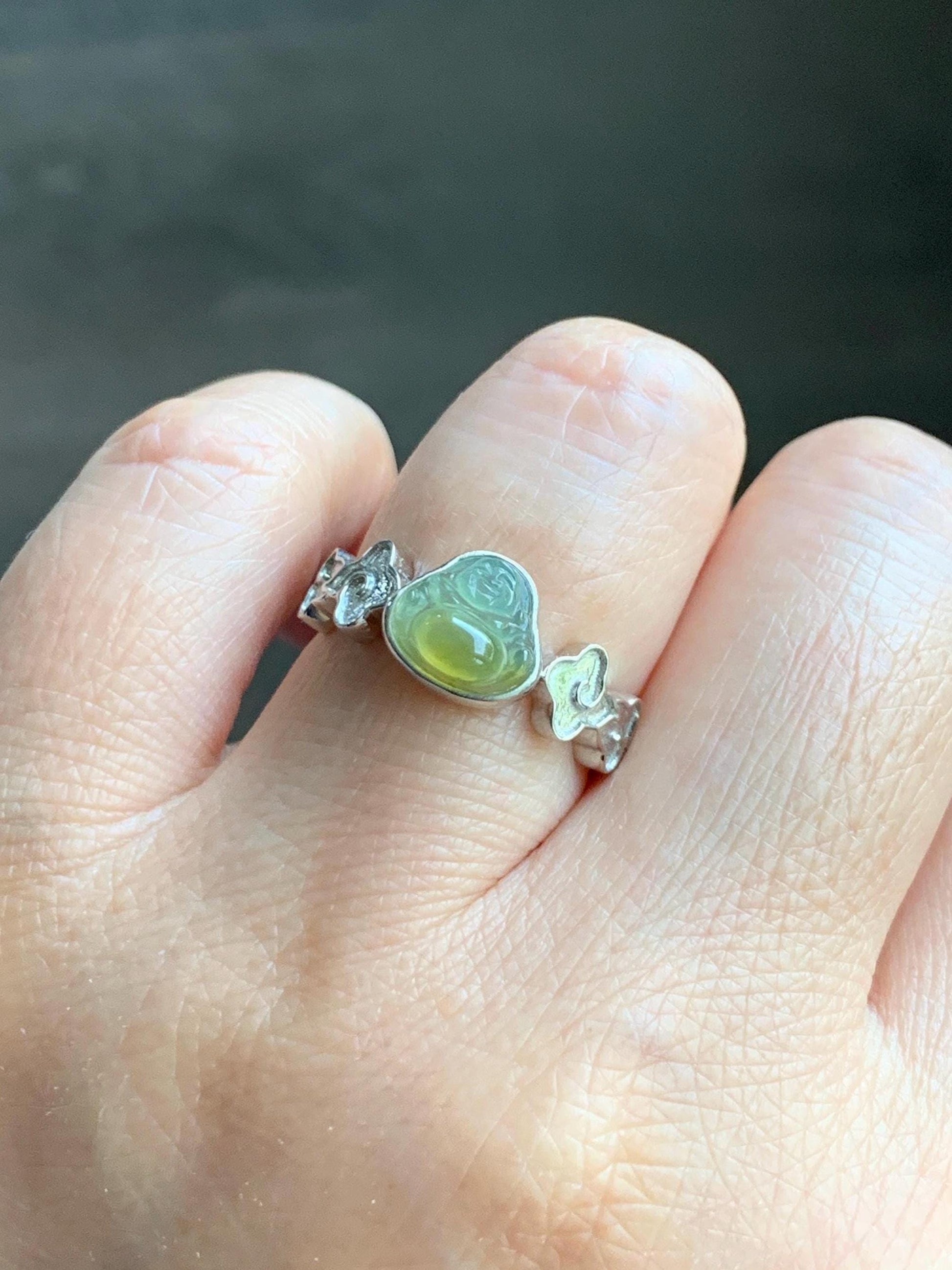 Certified Natural Guatemalan Icy Translucent Pastel Blue Yellow Marbled Jade Jadeite Buddha Ring Sterling Silver Size 6.25 天然冰危黄蓝翡翠佛公戒指 193