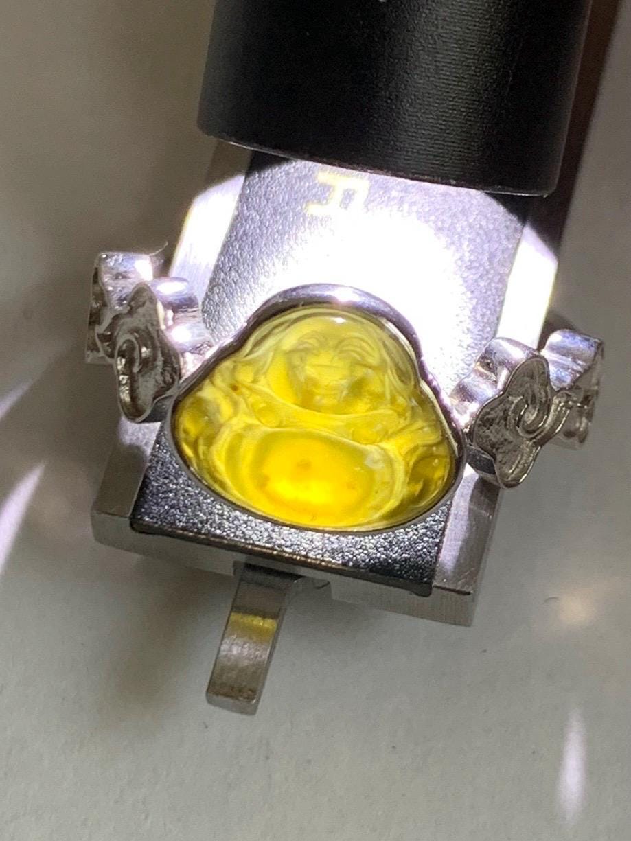 Certified Natural Grade A Guatemalan Icy Translucent Vibrant Yellow Jade Jadeite Buddha Ring Sterling Silver Size 7.25 天然冰危浓黄翡翠佛公祥云戒指 194