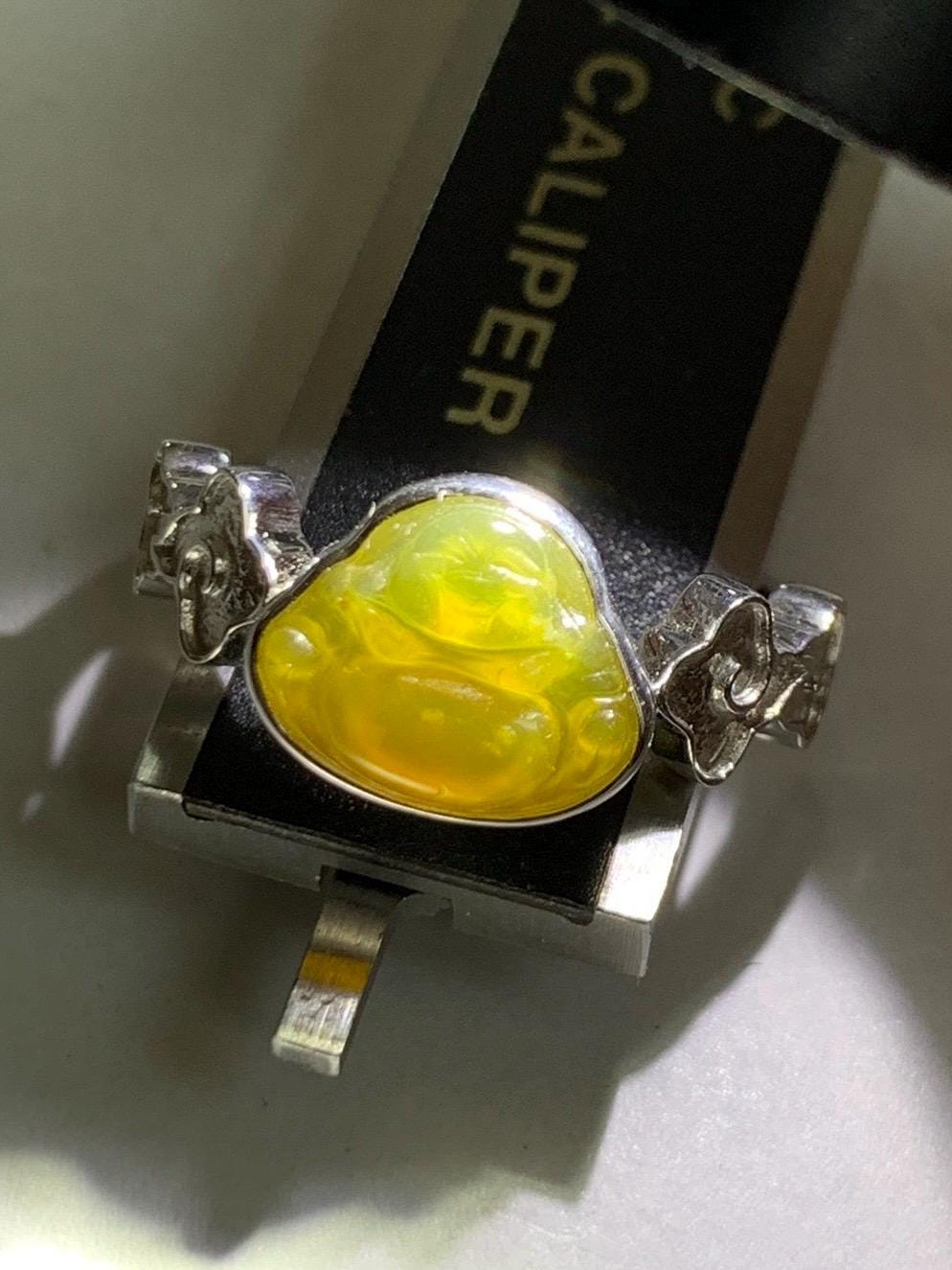 Certified Natural Grade A Guatemalan Icy Translucent Vibrant Yellow Jade Jadeite Buddha Ring Sterling Silver Size 7.25 天然冰危浓黄翡翠佛公祥云戒指 194
