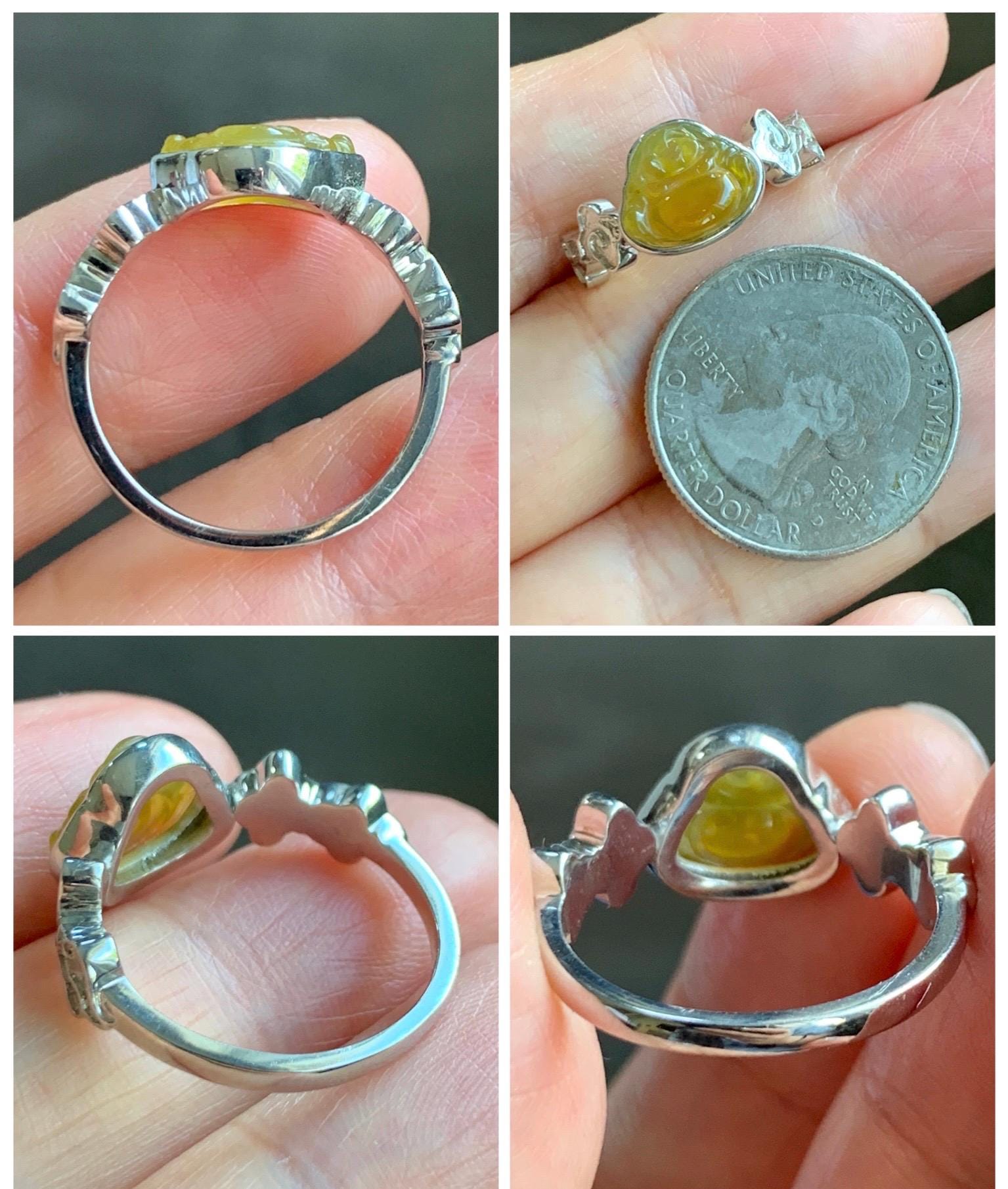 Certified Natural Grade A Guatemalan Icy Translucent Vibrant Yellow Jade Jadeite Buddha Ring Sterling Silver Size 7.25 天然冰危浓黄翡翠佛公祥云戒指 194