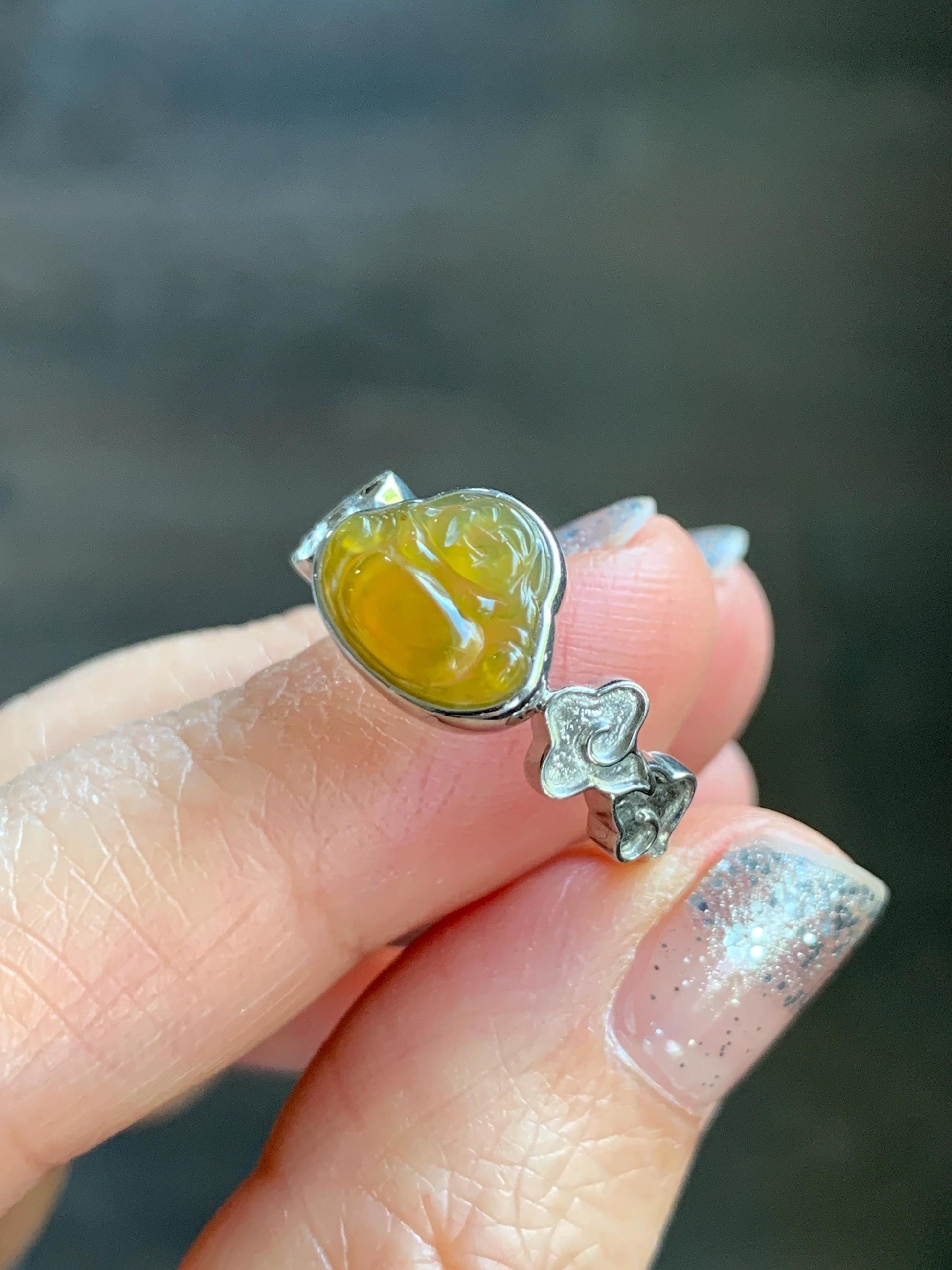 Certified Natural Grade A Guatemalan Icy Translucent Vibrant Yellow Jade Jadeite Buddha Ring Sterling Silver Size 7.25 天然冰危浓黄翡翠佛公祥云戒指 194