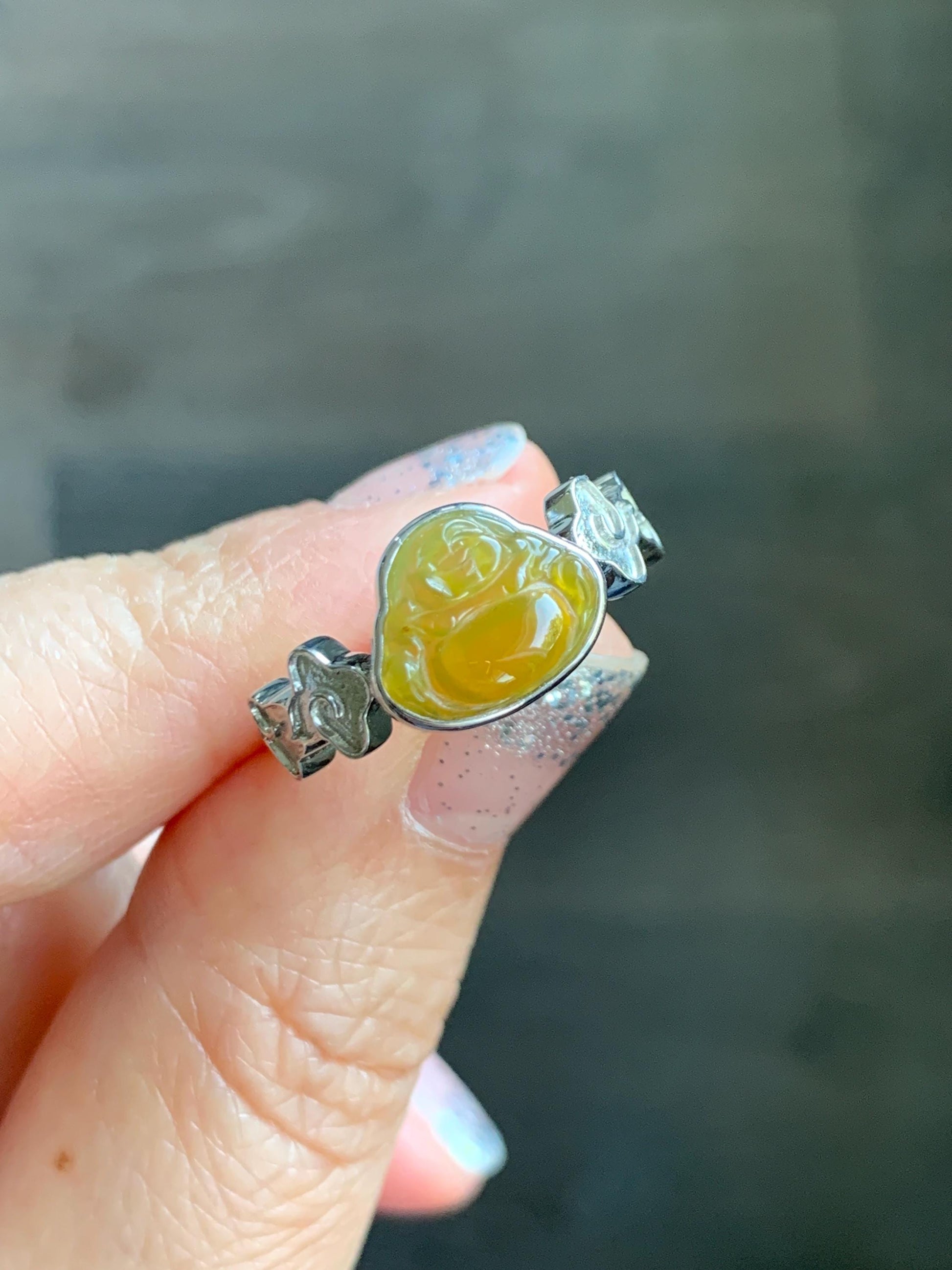 Certified Natural Grade A Guatemalan Icy Translucent Vibrant Yellow Jade Jadeite Buddha Ring Sterling Silver Size 7.25 天然冰危浓黄翡翠佛公祥云戒指 194