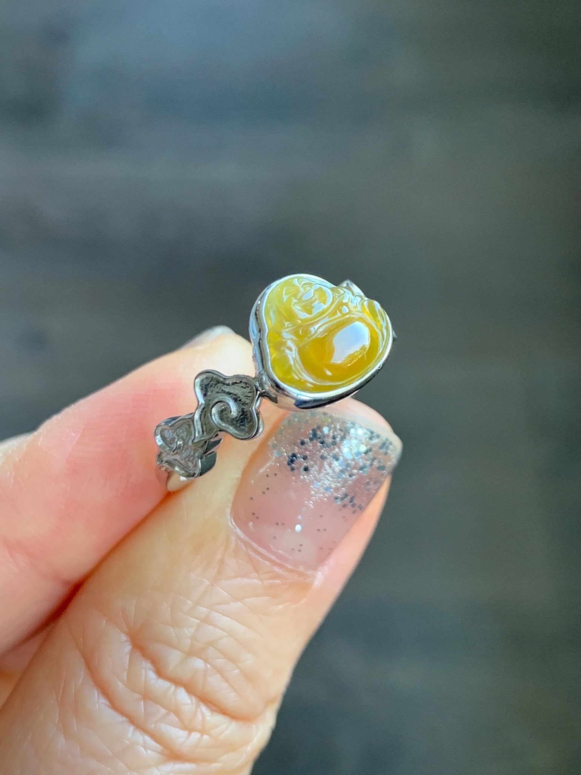Certified Natural Grade A Guatemalan Icy Translucent Vibrant Yellow Jade Jadeite Buddha Ring Sterling Silver Size 7.25 天然冰危浓黄翡翠佛公祥云戒指 194