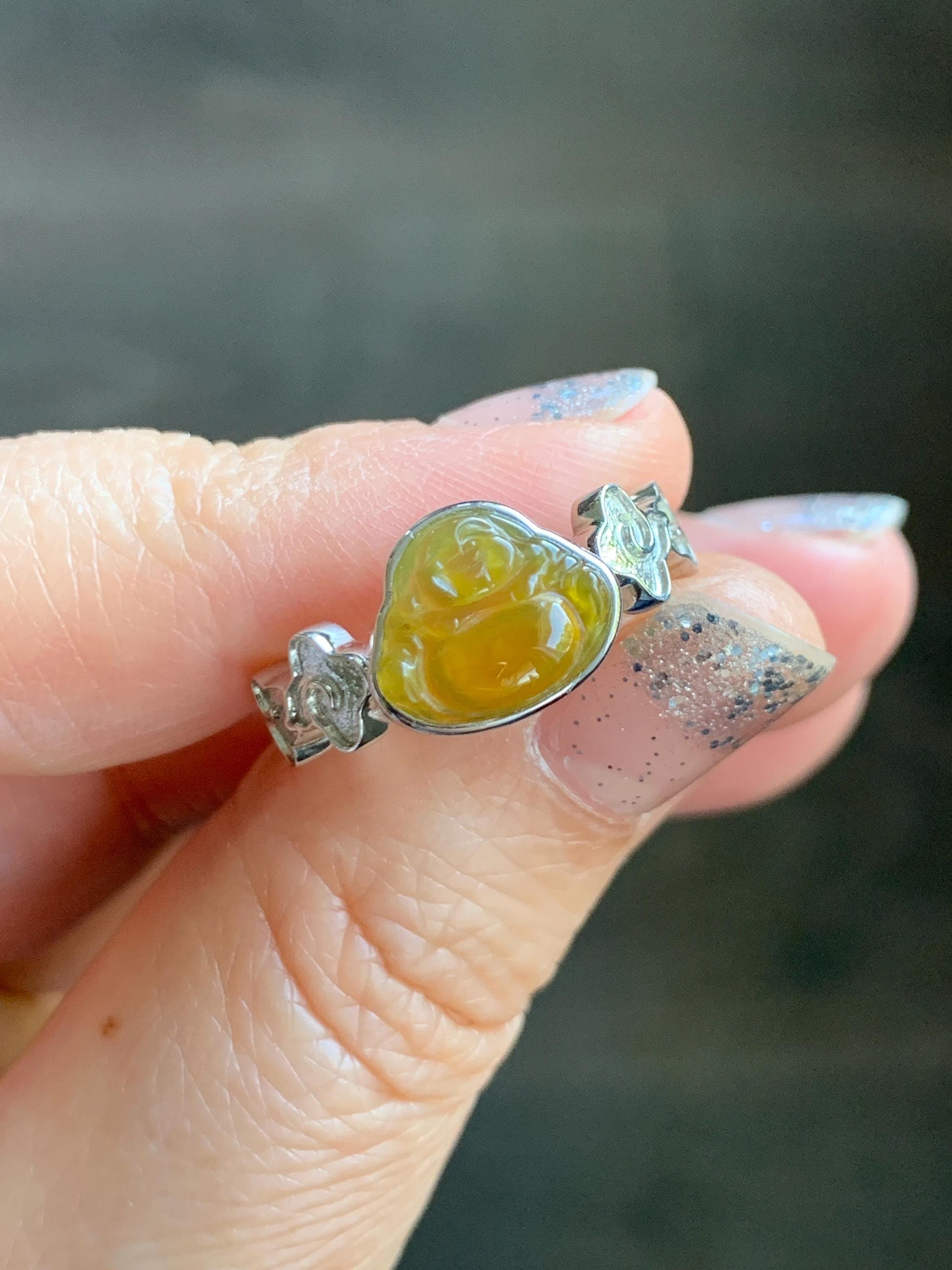 Certified Natural Grade A Guatemalan Icy Translucent Vibrant Yellow Jade Jadeite Buddha Ring Sterling Silver Size 7.25 天然冰危浓黄翡翠佛公祥云戒指 194