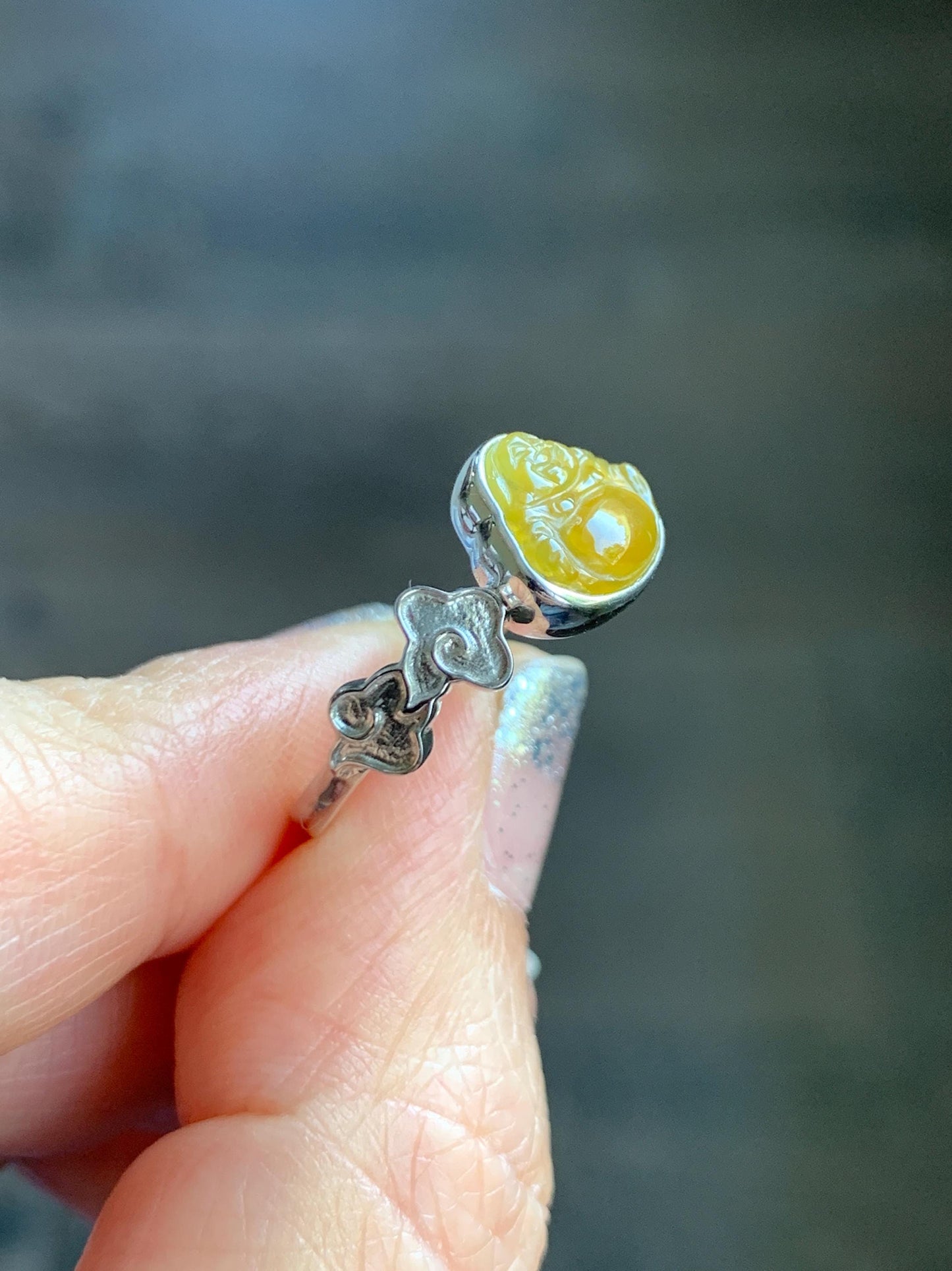 Certified Natural Grade A Guatemalan Icy Translucent Vibrant Yellow Jade Jadeite Buddha Ring Sterling Silver Size 7.25 天然冰危浓黄翡翠佛公祥云戒指 194