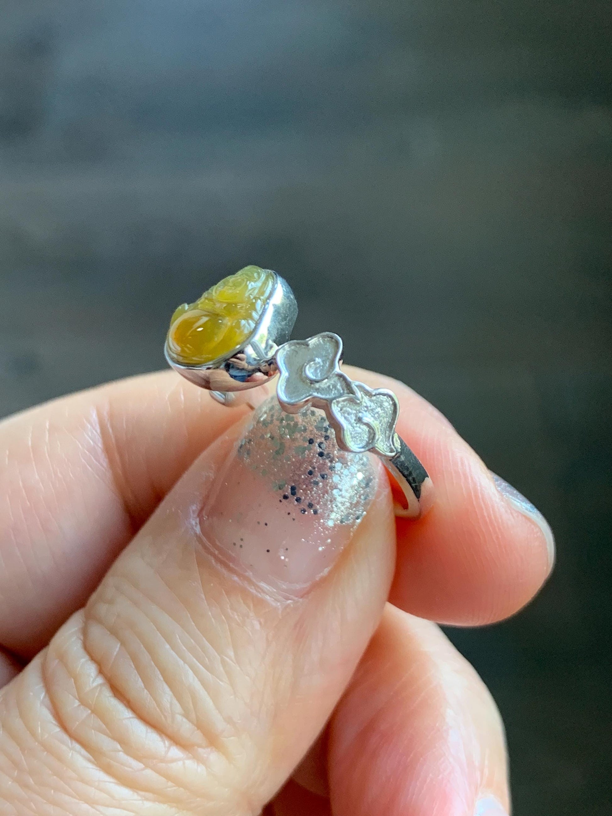 Certified Natural Grade A Guatemalan Icy Translucent Vibrant Yellow Jade Jadeite Buddha Ring Sterling Silver Size 7.25 天然冰危浓黄翡翠佛公祥云戒指 194