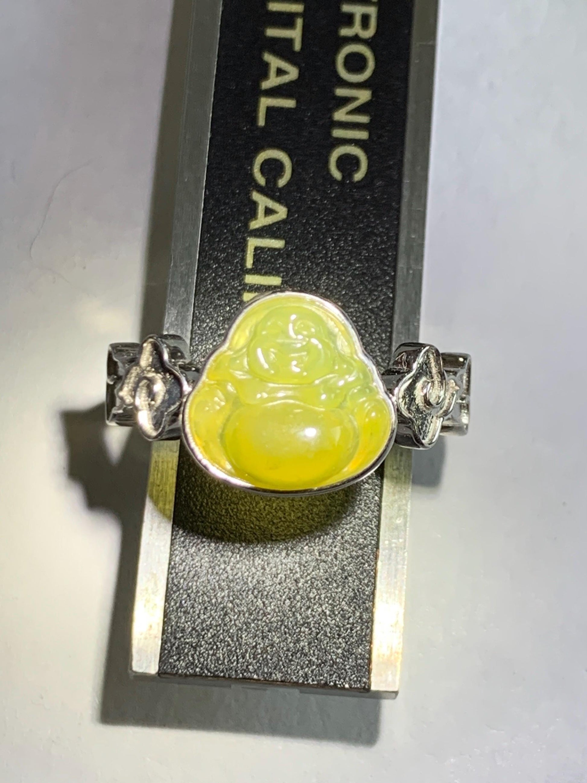 Certified Natural Grade A Guatemalan Icy Translucent Rich Yellow Jade Jadeite Buddha Ring Sterling Silver Size 8 天然冰危浓黄翡翠佛公祥云戒指 192