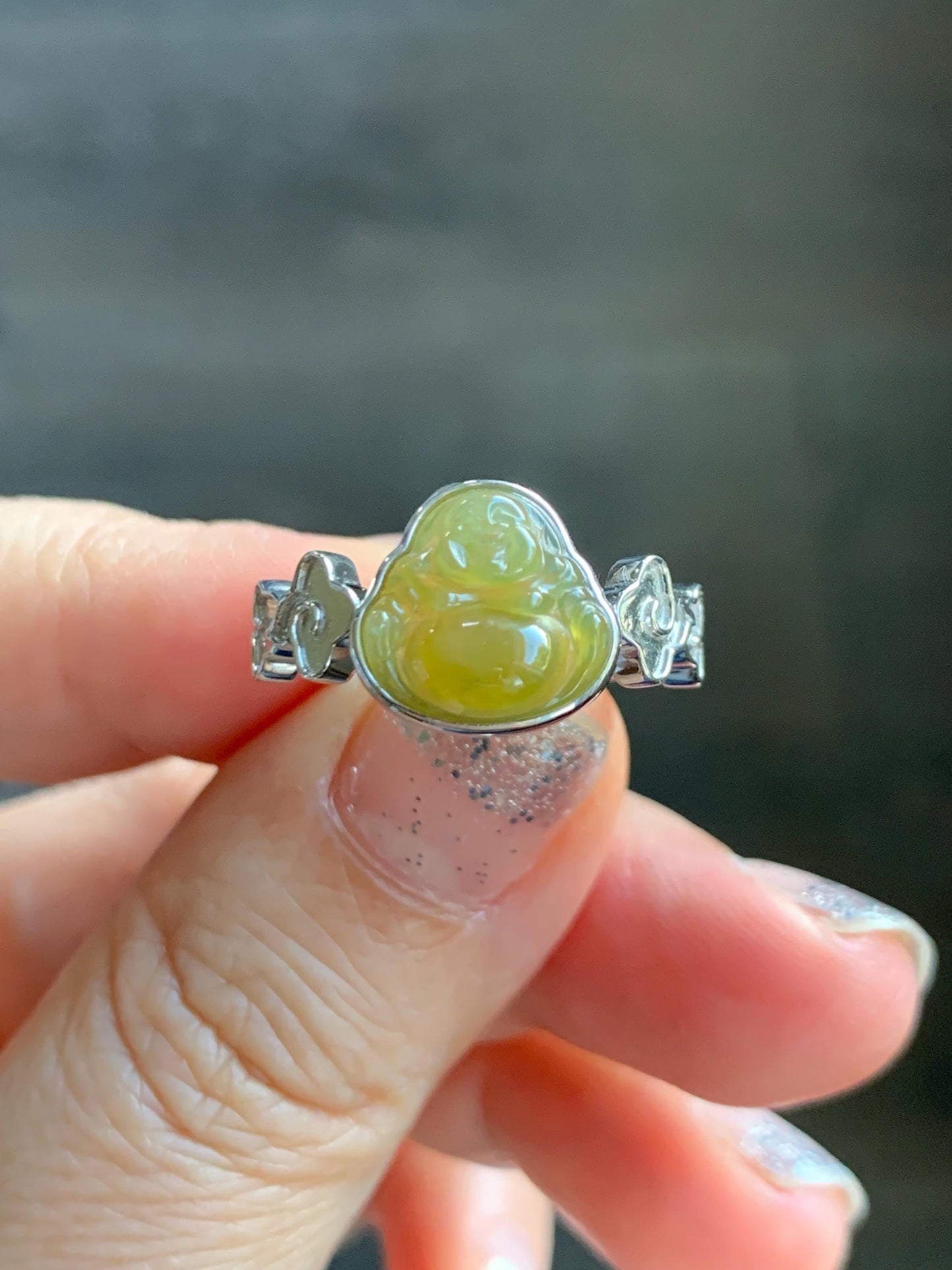 Certified Natural Grade A Guatemalan Icy Translucent Rich Yellow Jade Jadeite Buddha Ring Sterling Silver Size 8 天然冰危浓黄翡翠佛公祥云戒指 192