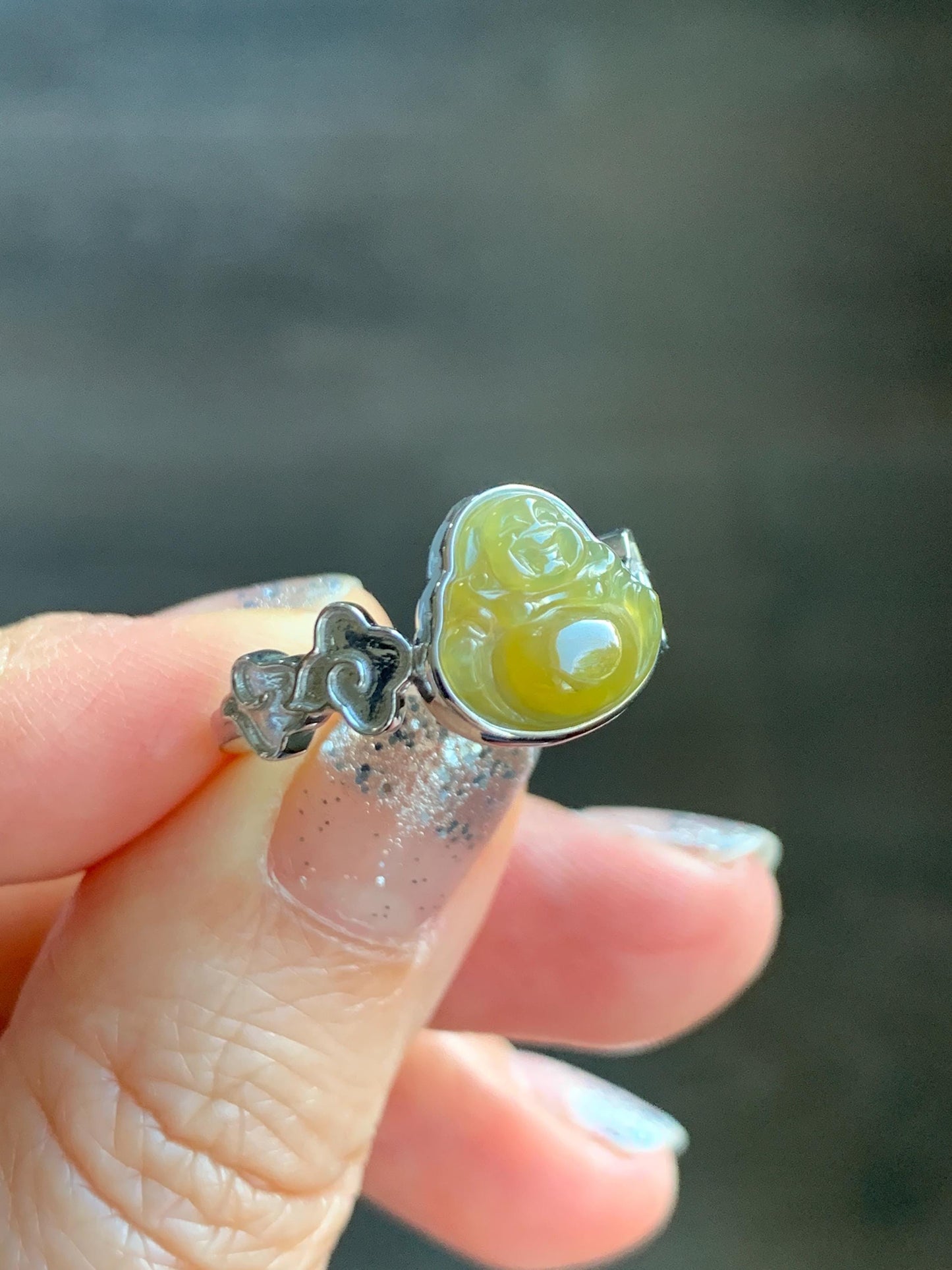 Certified Natural Grade A Guatemalan Icy Translucent Rich Yellow Jade Jadeite Buddha Ring Sterling Silver Size 8 天然冰危浓黄翡翠佛公祥云戒指 192