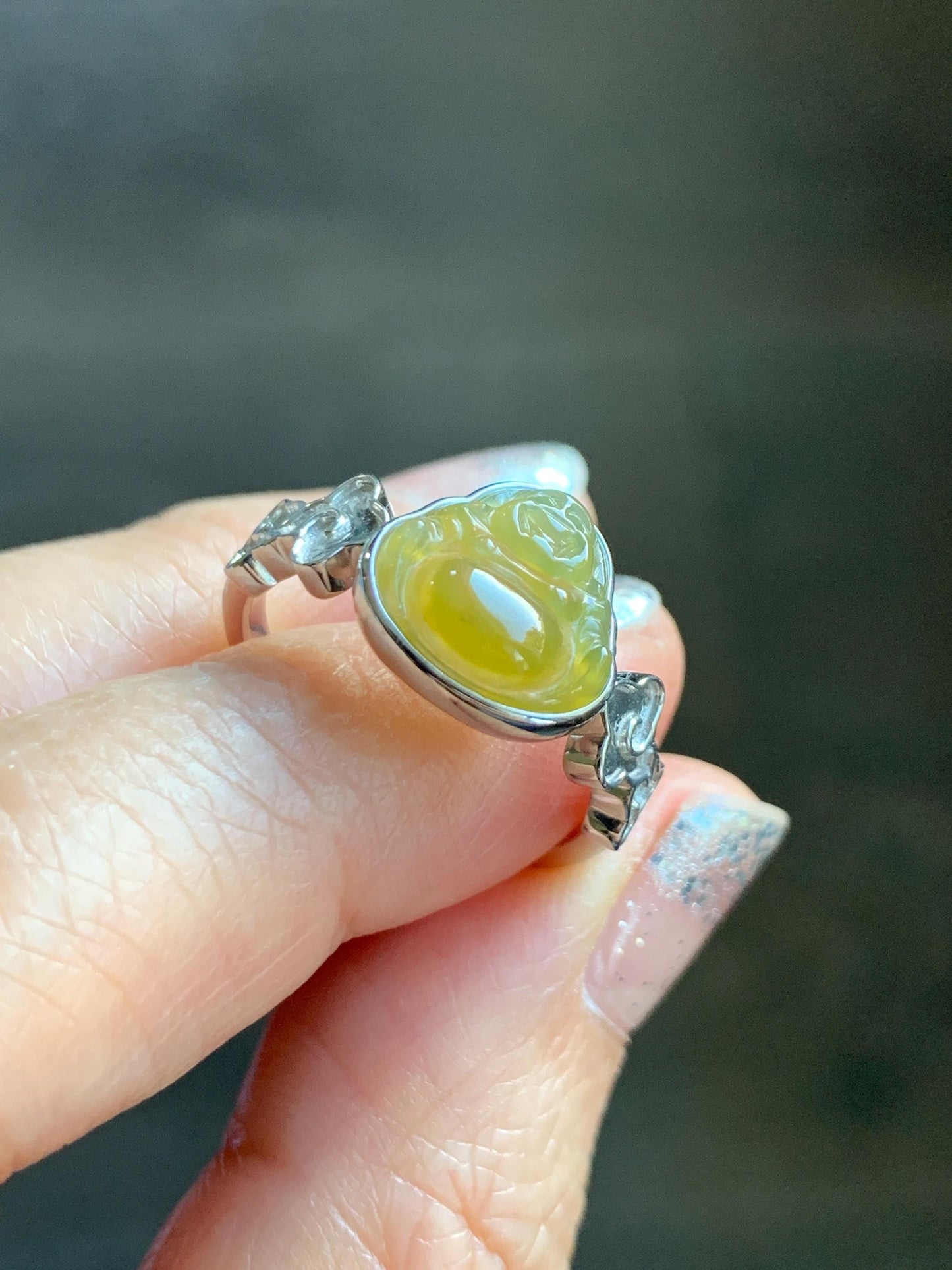 Certified Natural Grade A Guatemalan Icy Translucent Rich Yellow Jade Jadeite Buddha Ring Sterling Silver Size 8 天然冰危浓黄翡翠佛公祥云戒指 192