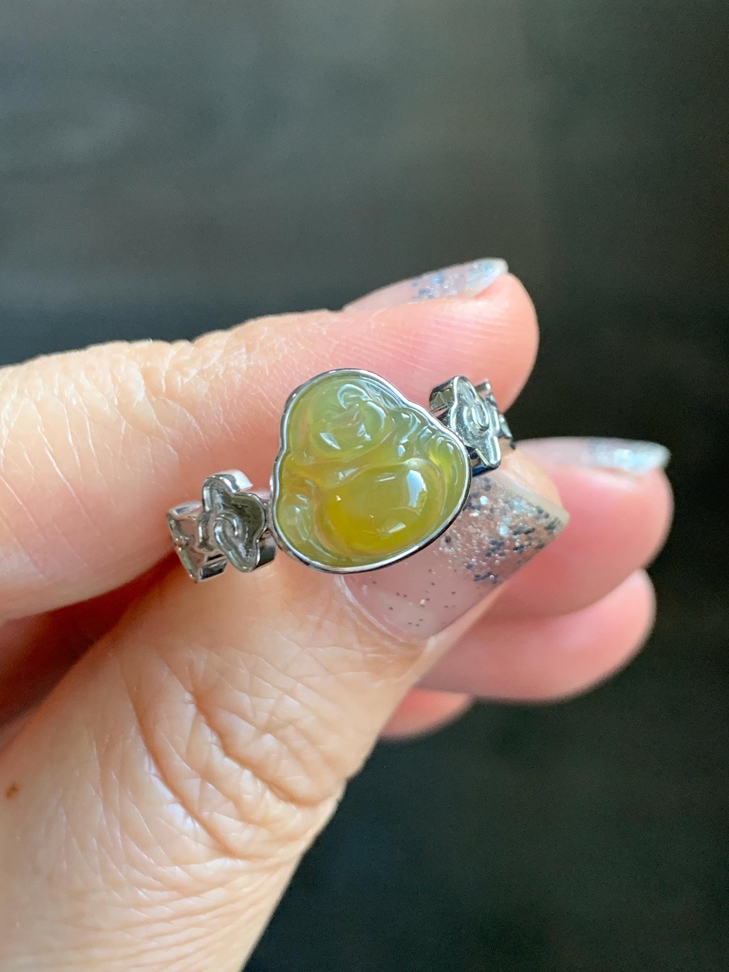 Certified Natural Grade A Guatemalan Icy Translucent Rich Yellow Jade Jadeite Buddha Ring Sterling Silver Size 8 天然冰危浓黄翡翠佛公祥云戒指 192