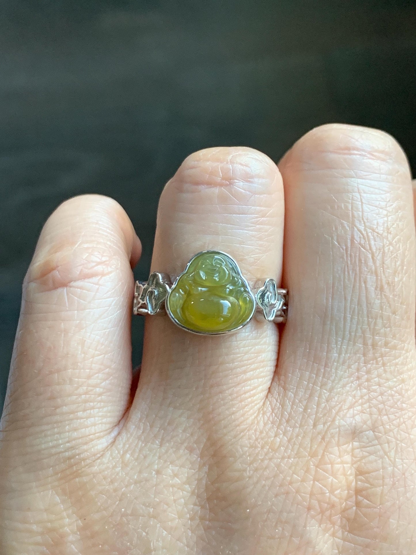 Certified Natural Grade A Guatemalan Icy Translucent Rich Yellow Jade Jadeite Buddha Ring Sterling Silver Size 8 天然冰危浓黄翡翠佛公祥云戒指 192