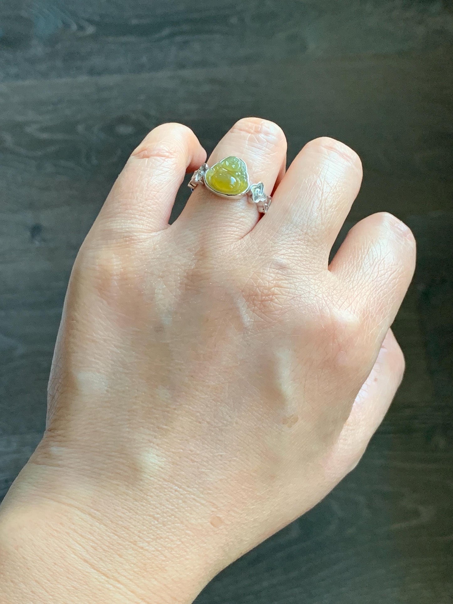 Certified Natural Grade A Guatemalan Icy Translucent Rich Yellow Jade Jadeite Buddha Ring Sterling Silver Size 8 天然冰危浓黄翡翠佛公祥云戒指 192