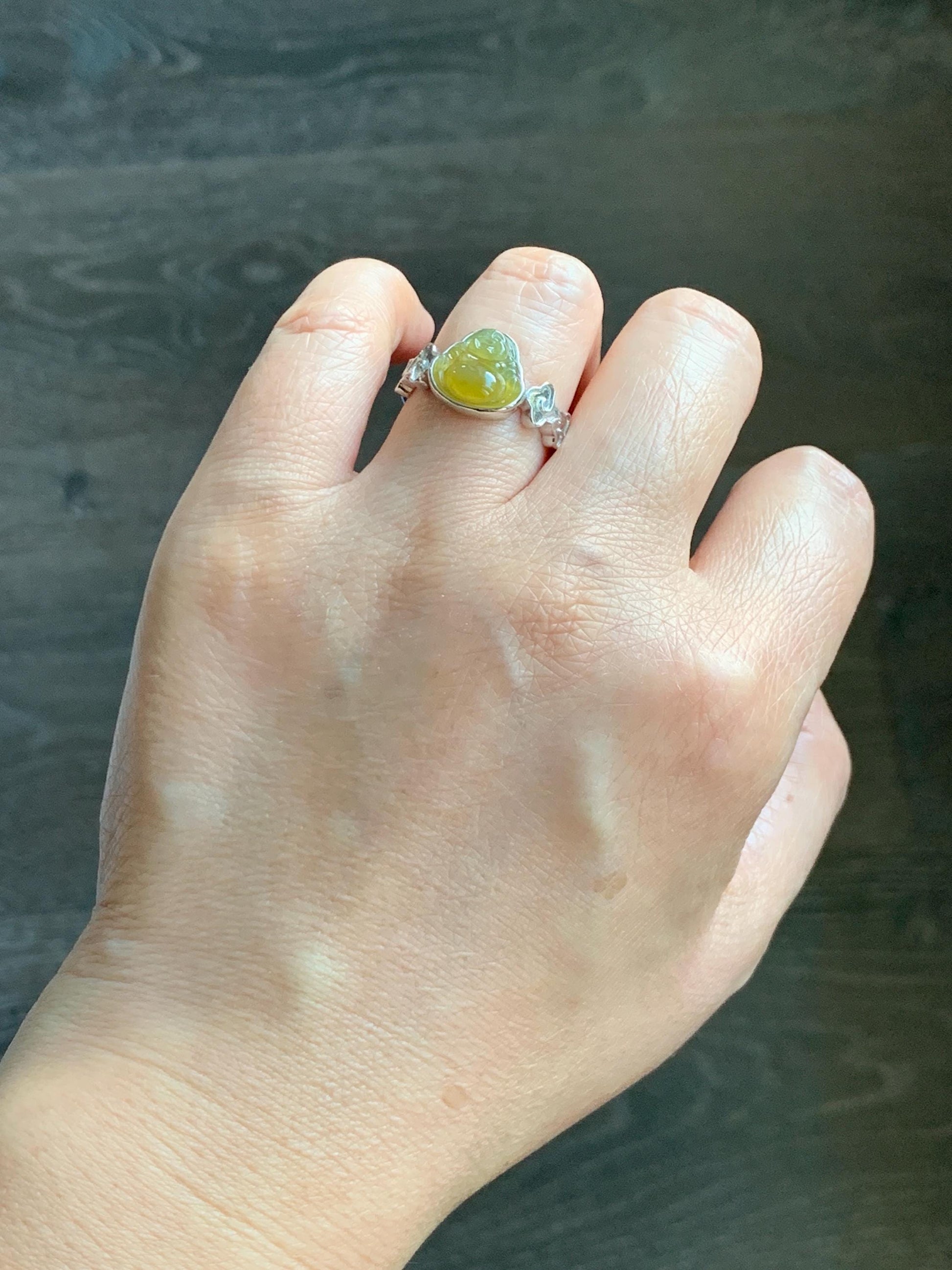 Certified Natural Grade A Guatemalan Icy Translucent Rich Yellow Jade Jadeite Buddha Ring Sterling Silver Size 8 天然冰危浓黄翡翠佛公祥云戒指 192