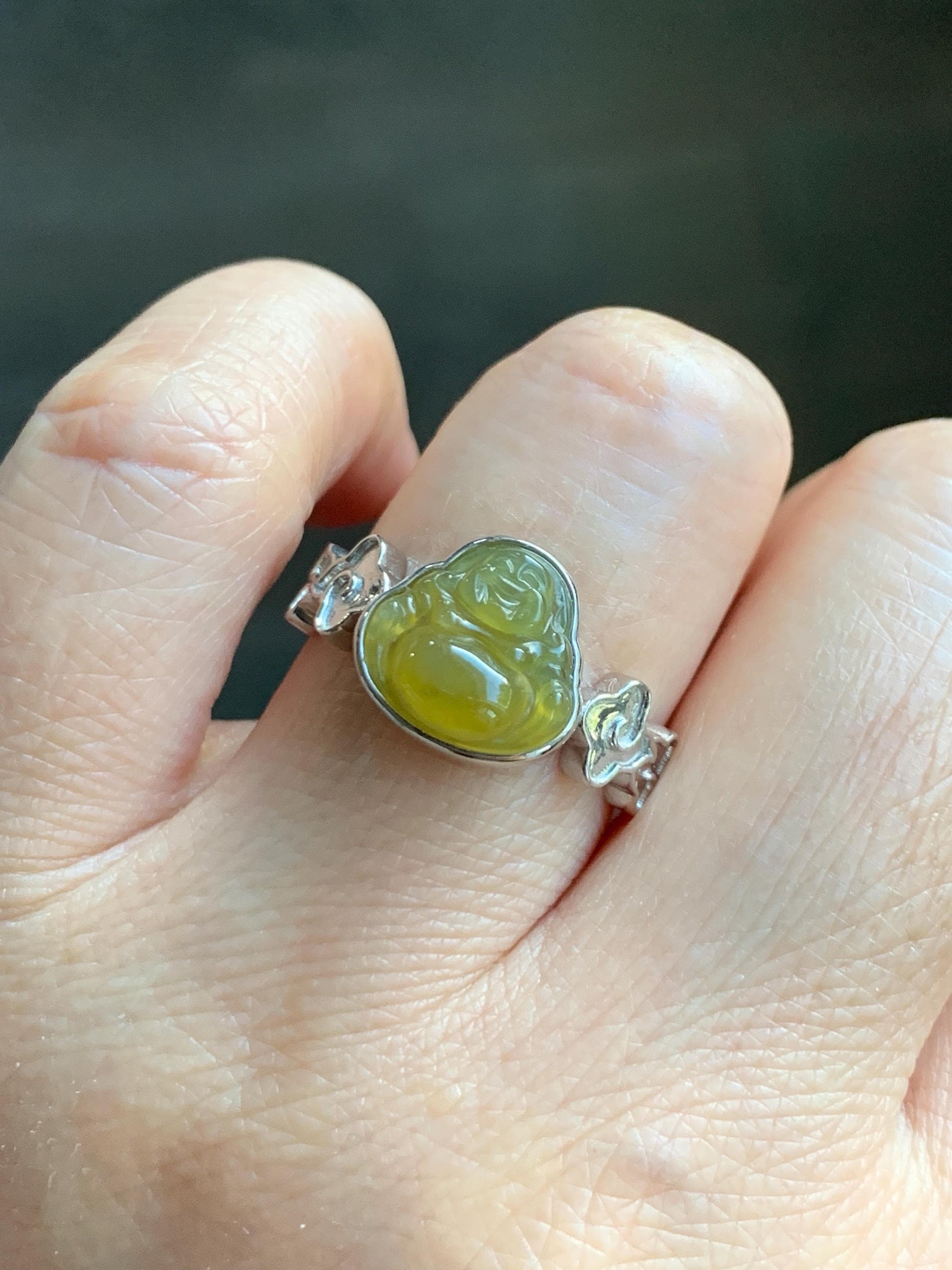 Certified Natural Grade A Guatemalan Icy Translucent Rich Yellow Jade Jadeite Buddha Ring Sterling Silver Size 8 天然冰危浓黄翡翠佛公祥云戒指 192