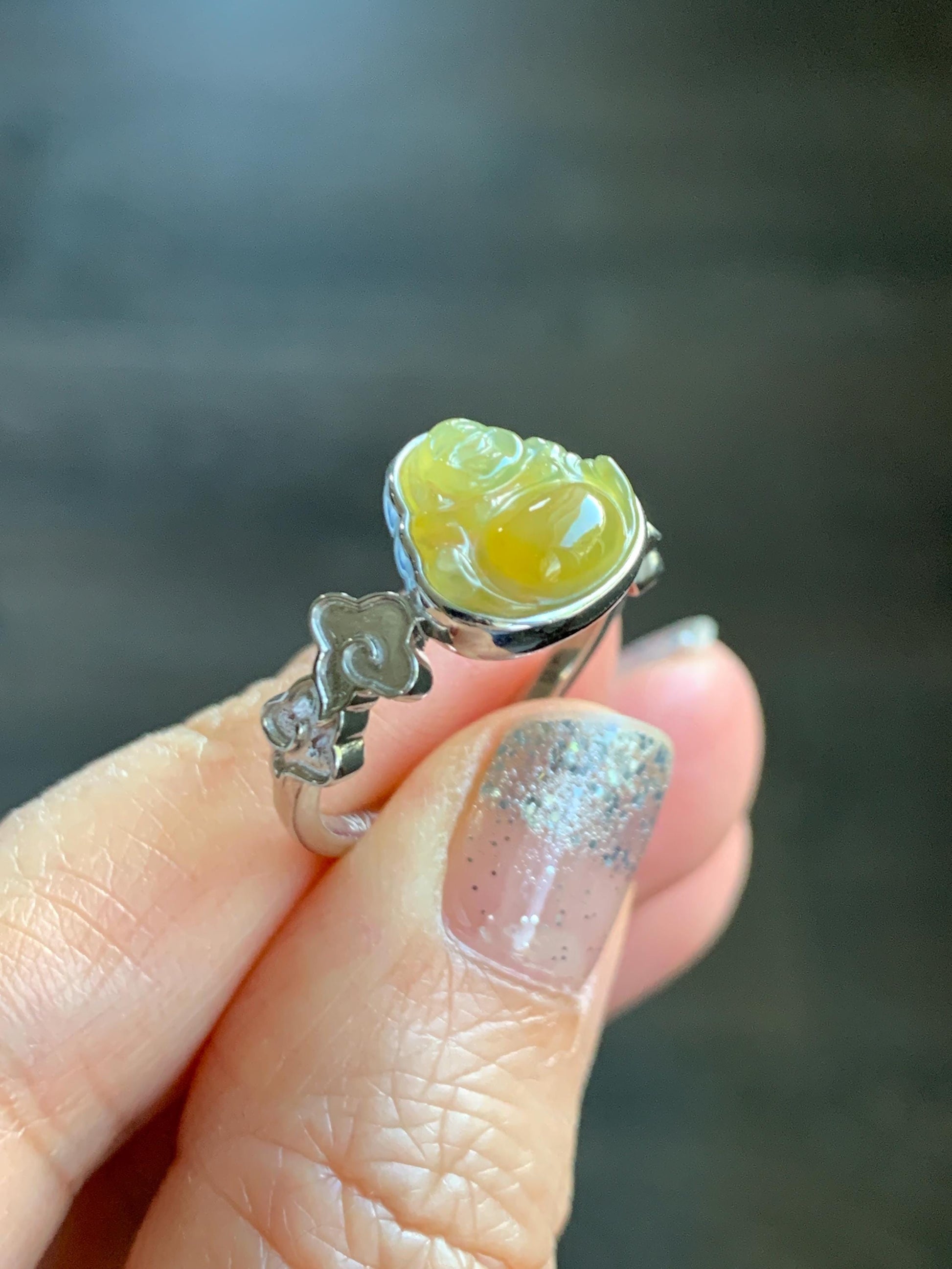 Certified Natural Grade A Guatemalan Icy Translucent Rich Yellow Jade Jadeite Buddha Ring Sterling Silver Size 8 天然冰危浓黄翡翠佛公祥云戒指 192
