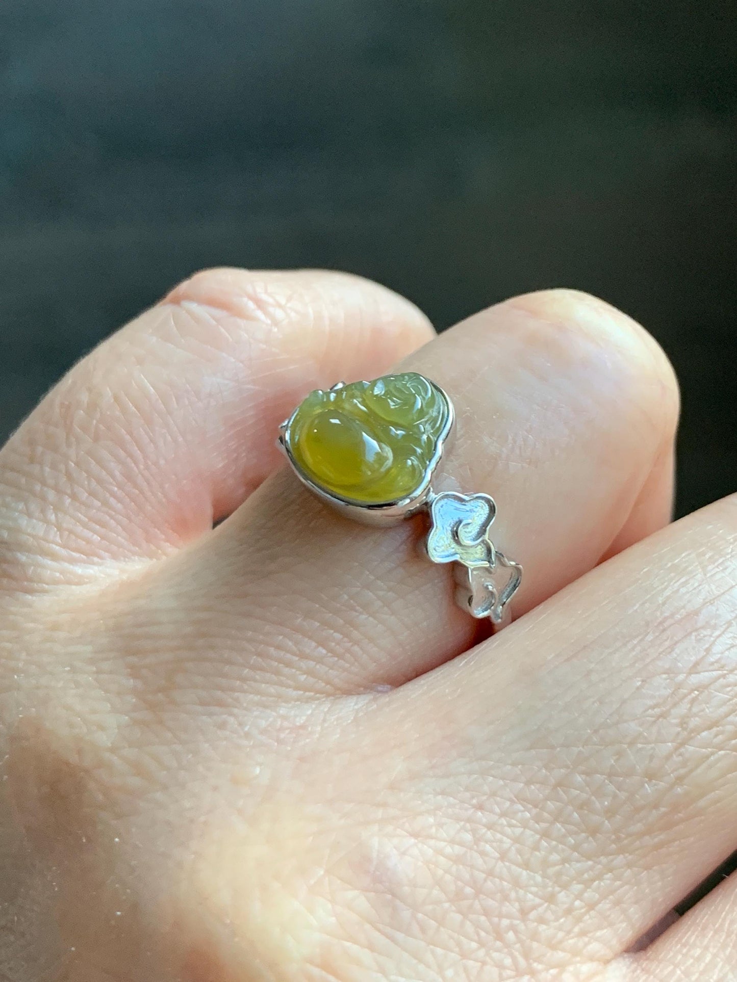 Certified Natural Grade A Guatemalan Icy Translucent Rich Yellow Jade Jadeite Buddha Ring Sterling Silver Size 8 天然冰危浓黄翡翠佛公祥云戒指 192
