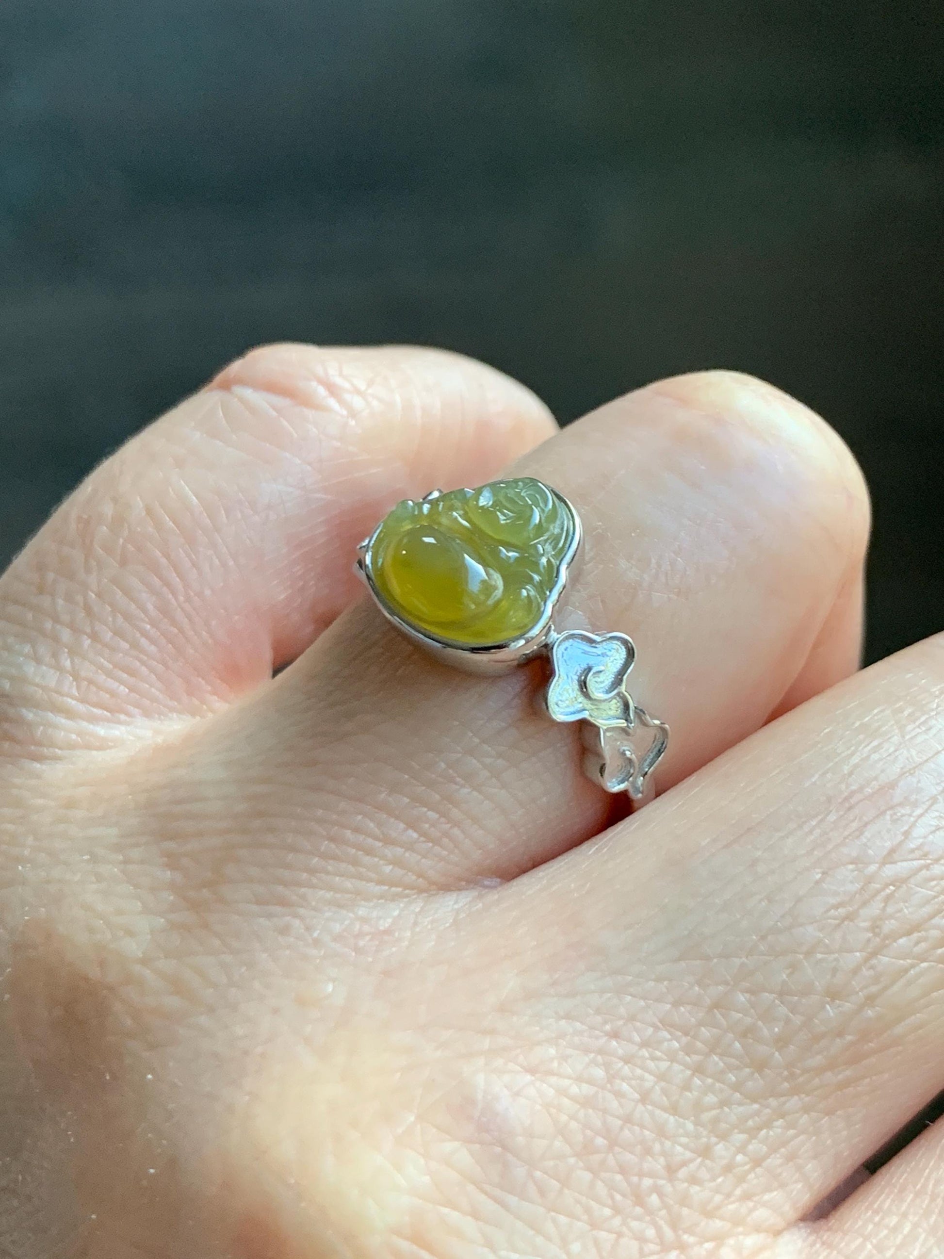 Certified Natural Grade A Guatemalan Icy Translucent Rich Yellow Jade Jadeite Buddha Ring Sterling Silver Size 8 天然冰危浓黄翡翠佛公祥云戒指 192