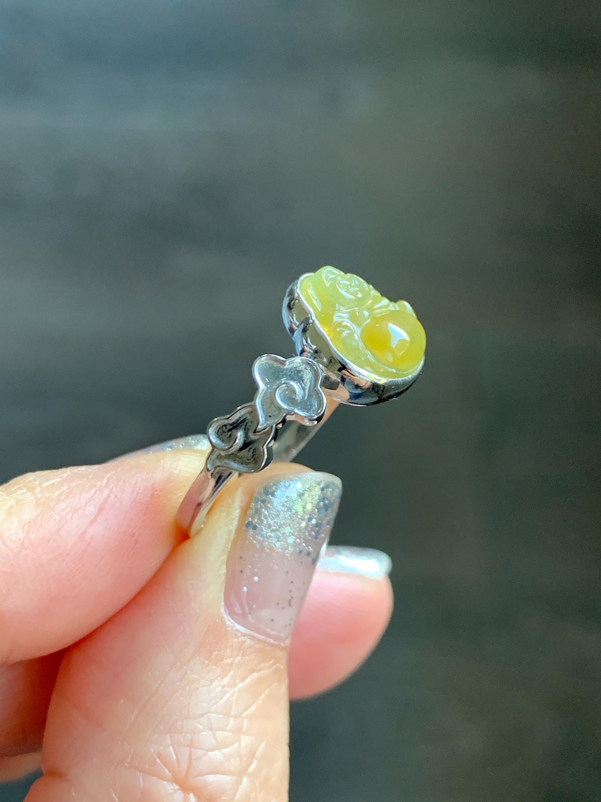 Certified Natural Grade A Guatemalan Icy Translucent Rich Yellow Jade Jadeite Buddha Ring Sterling Silver Size 8 天然冰危浓黄翡翠佛公祥云戒指 192