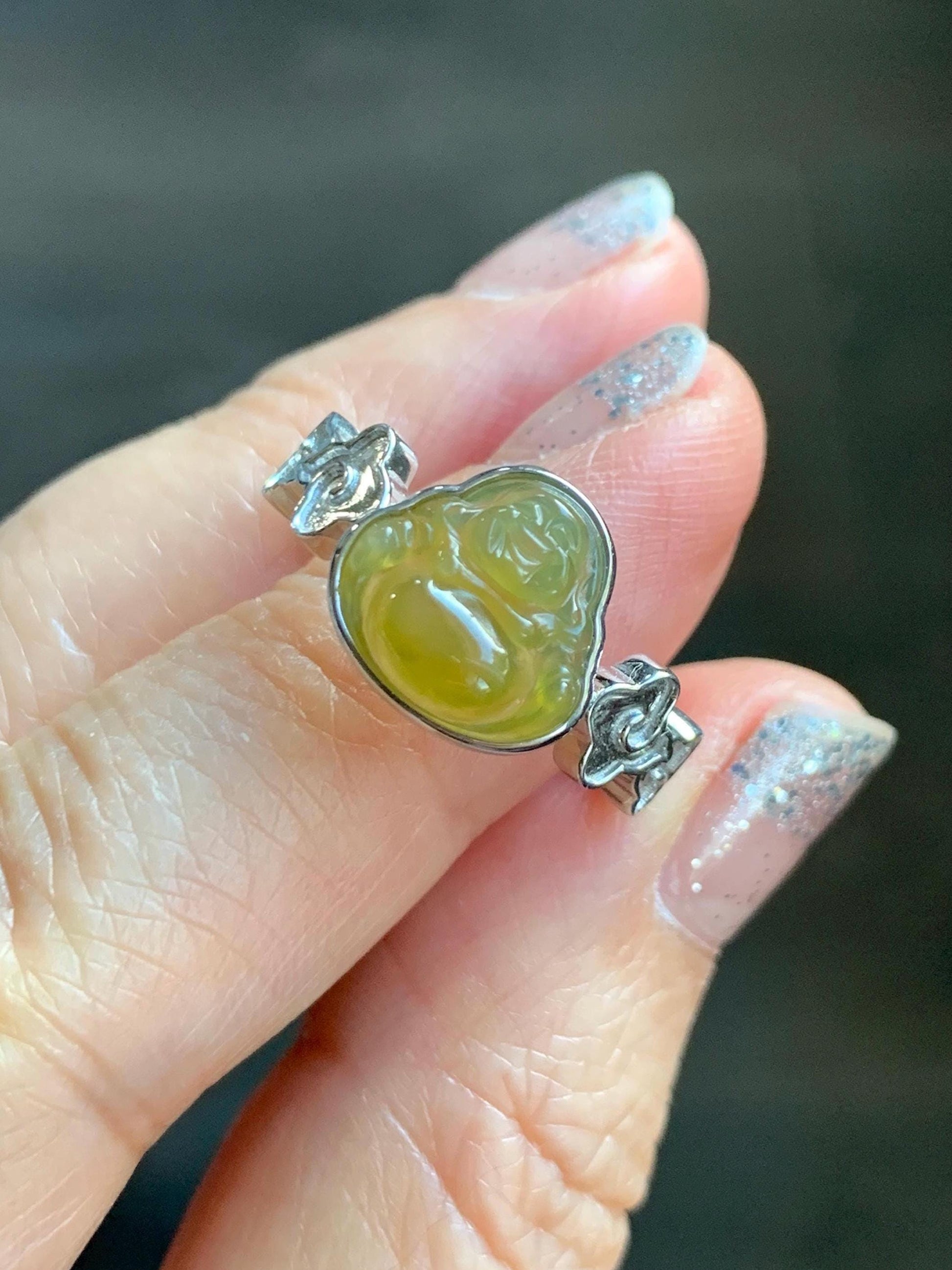 Certified Natural Grade A Guatemalan Icy Translucent Rich Yellow Jade Jadeite Buddha Ring Sterling Silver Size 8 天然冰危浓黄翡翠佛公祥云戒指 192