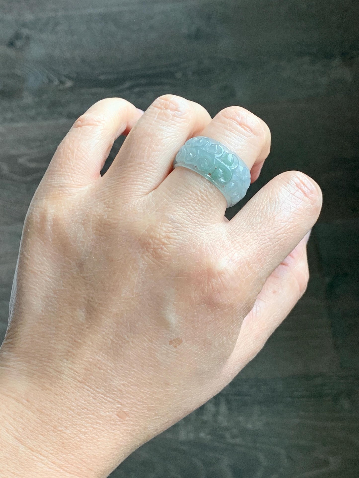 Natural Grade A Guatemalan Icy Translucent Pastel Dusty Blue Jade Jadeite Openwork Engraved Band Ring Size 10.25 US 天然冰危淡蓝飘花翡翠镂空雕戒圈 LK330A