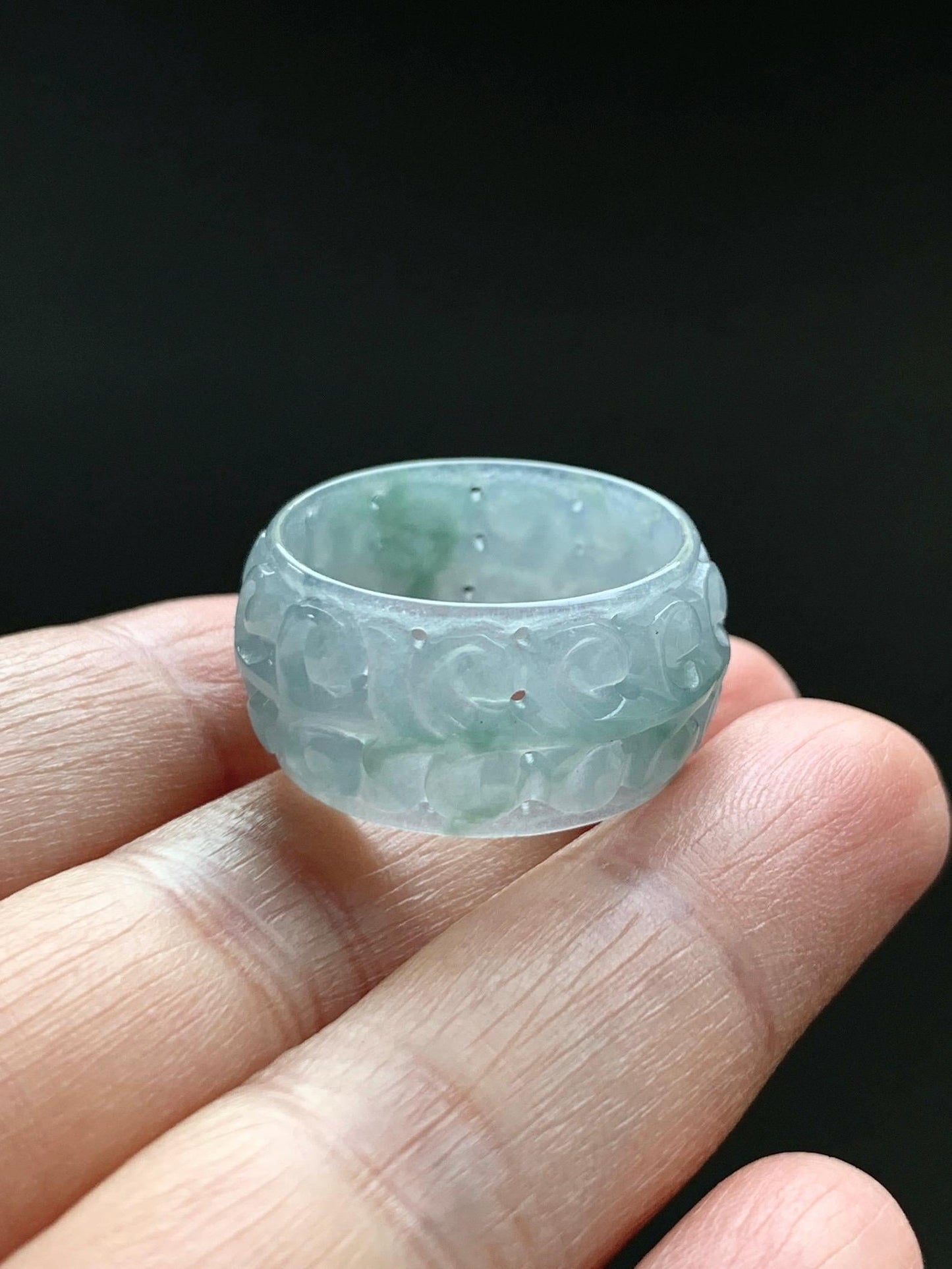 Natural Grade A Guatemalan Icy Translucent Pastel Dusty Blue Jade Jadeite Openwork Engraved Band Ring Size 10.25 US 天然冰危淡蓝飘花翡翠镂空雕戒圈 LK330A