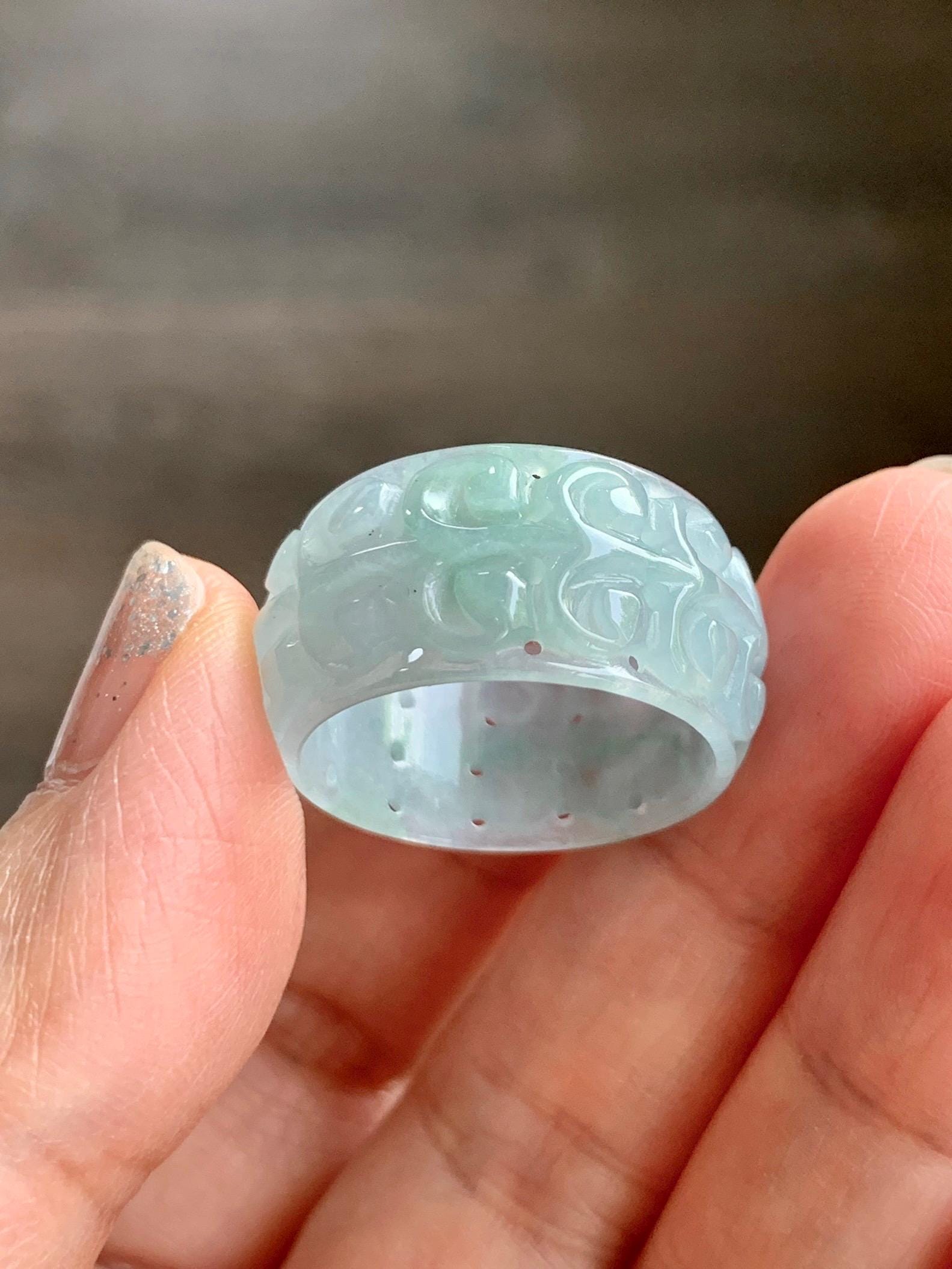 Natural Grade A Guatemalan Icy Translucent Pastel Dusty Blue Jade Jadeite Openwork Engraved Band Ring Size 10.25 US 天然冰危淡蓝飘花翡翠镂空雕戒圈 LK330A