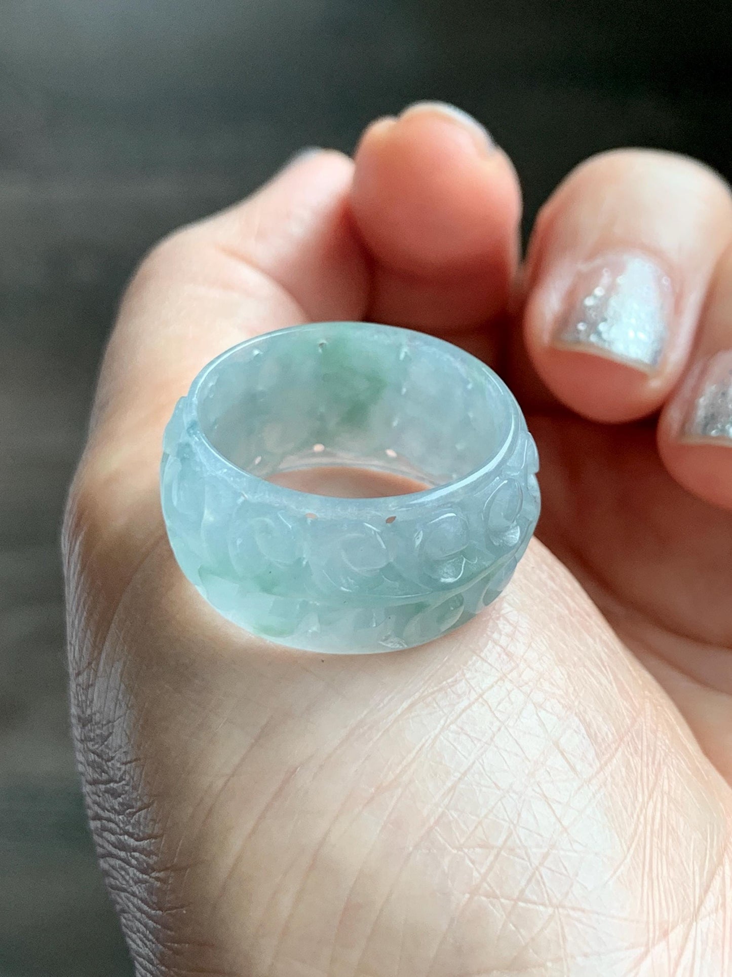Natural Grade A Guatemalan Icy Translucent Pastel Dusty Blue Jade Jadeite Openwork Engraved Band Ring Size 10.25 US 天然冰危淡蓝飘花翡翠镂空雕戒圈 LK330A