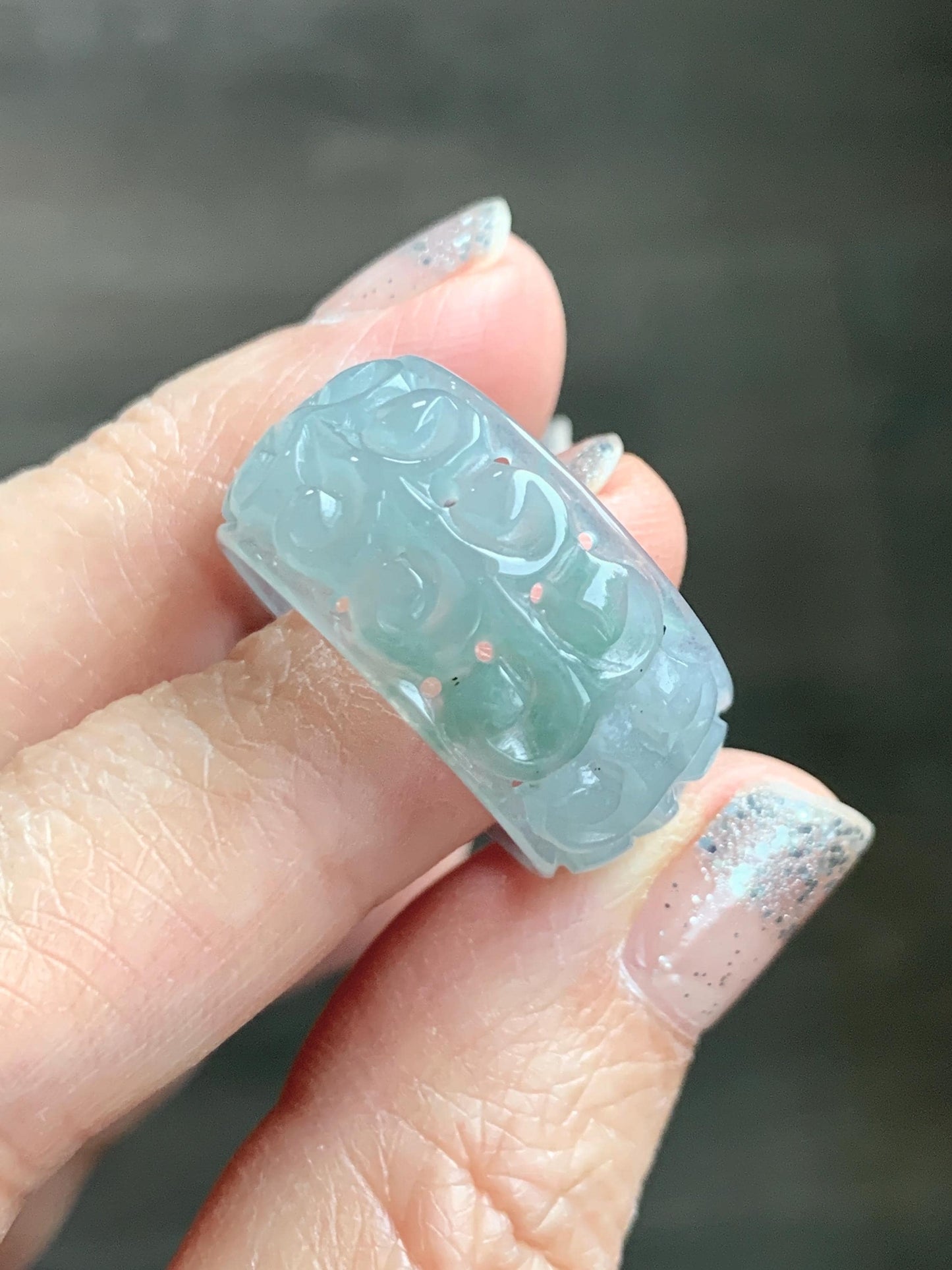 Natural Grade A Guatemalan Icy Translucent Pastel Dusty Blue Jade Jadeite Openwork Engraved Band Ring Size 10.25 US 天然冰危淡蓝飘花翡翠镂空雕戒圈 LK330A