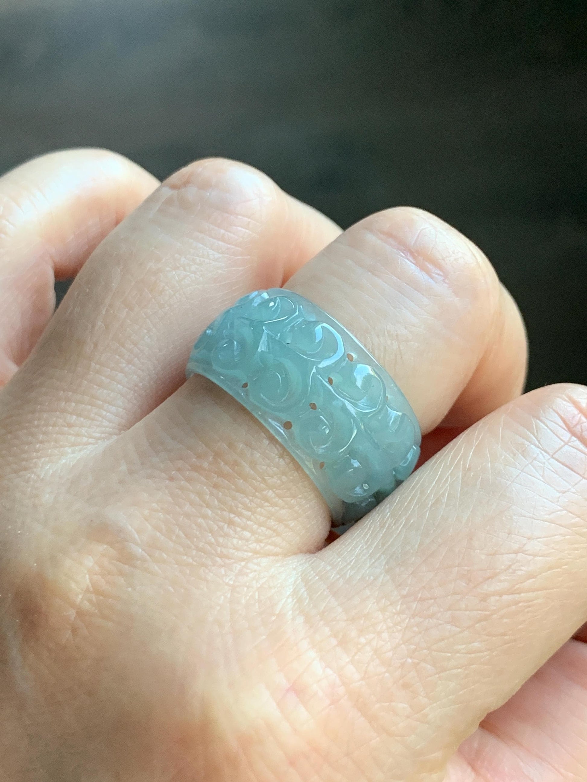 Natural Grade A Guatemalan Icy Translucent Pastel Dusty Blue Jade Jadeite Openwork Engraved Band Ring Size 10.25 US 天然冰危淡蓝飘花翡翠镂空雕戒圈 LK330B