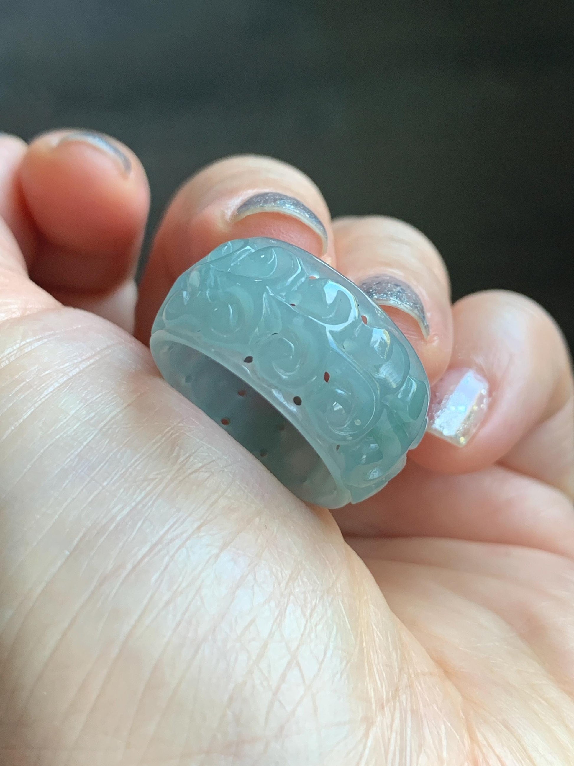 Natural Grade A Guatemalan Icy Translucent Pastel Dusty Blue Jade Jadeite Openwork Engraved Band Ring Size 10.25 US 天然冰危淡蓝飘花翡翠镂空雕戒圈 LK330B