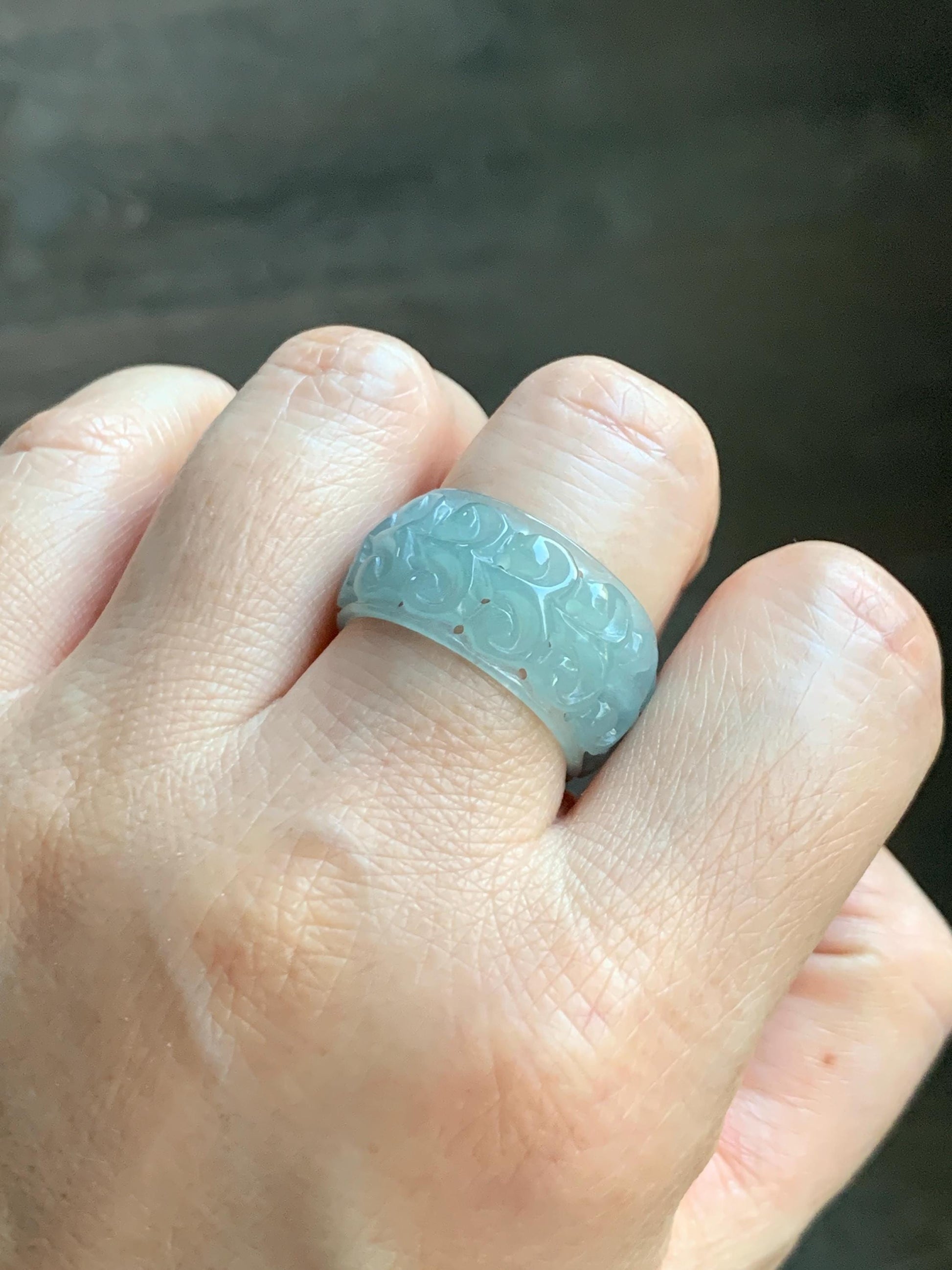 Natural Grade A Guatemalan Icy Translucent Pastel Dusty Blue Jade Jadeite Openwork Engraved Band Ring Size 10.25 US 天然冰危淡蓝飘花翡翠镂空雕戒圈 LK330B