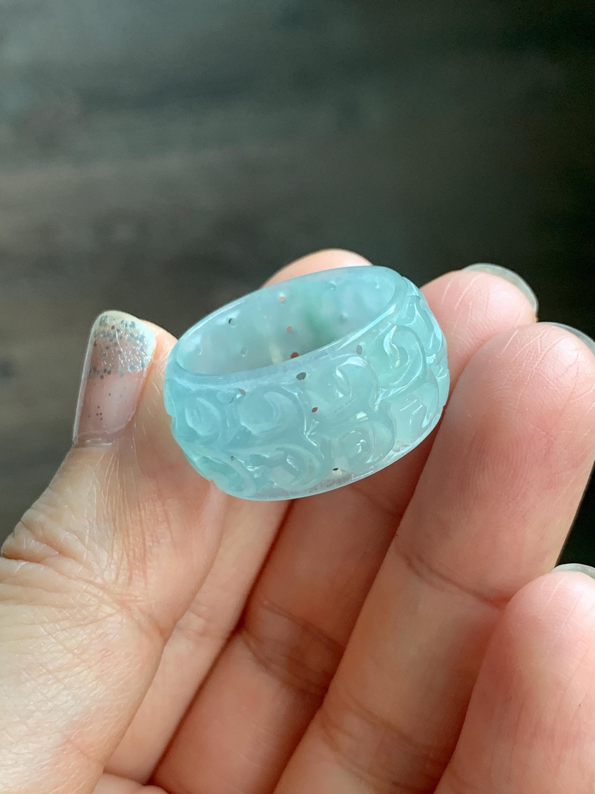 Natural Grade A Guatemalan Icy Translucent Pastel Dusty Blue Jade Jadeite Openwork Engraved Band Ring Size 10.25 US 天然冰危淡蓝飘花翡翠镂空雕戒圈 LK330B