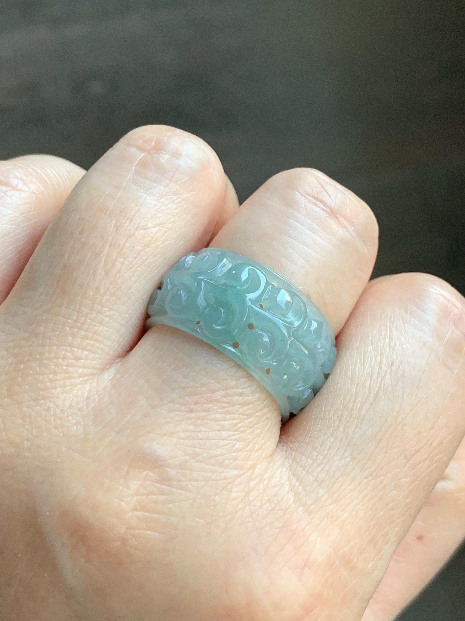 Natural Grade A Guatemalan Icy Translucent Pastel Dusty Blue Jade Jadeite Openwork Engraved Band Ring Size 10.25 US 天然冰危淡蓝飘花翡翠镂空雕戒圈 LK330B
