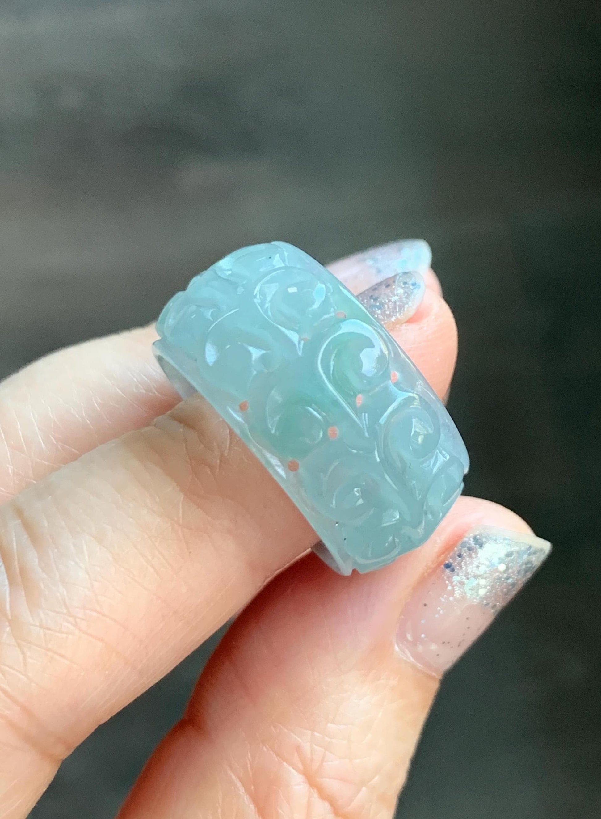 Natural Grade A Guatemalan Icy Translucent Pastel Dusty Blue Jade Jadeite Openwork Engraved Band Ring Size 10.25 US 天然冰危淡蓝飘花翡翠镂空雕戒圈 LK330B