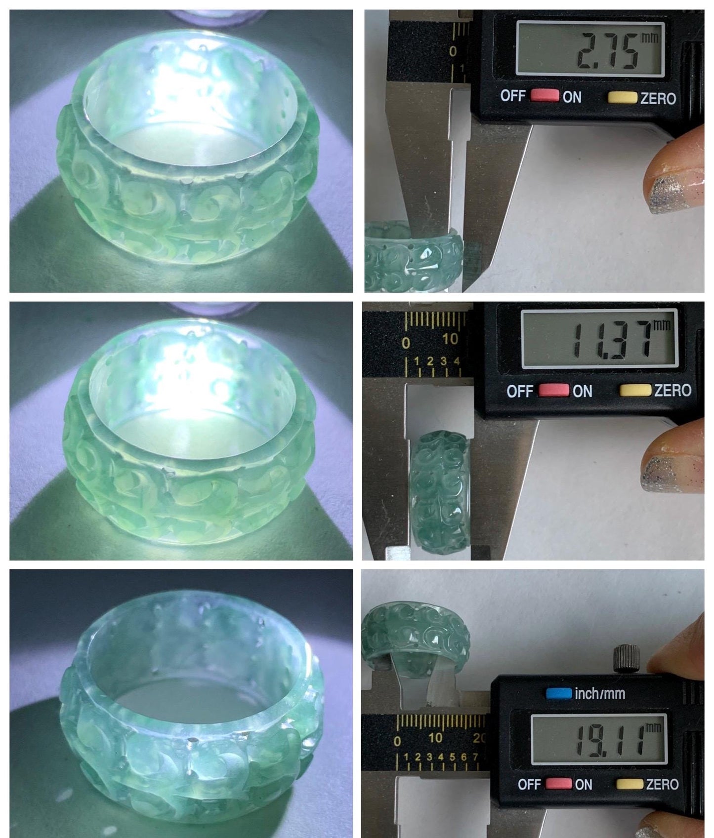 Natural Grade A Guatemalan Icy Translucent Dusty Teal Blue Jade Jadeite Openwork Engraved Band Ring Size 9 US 4g 天然冰危蓝绿翡翠镂空雕戒圈 LK330C