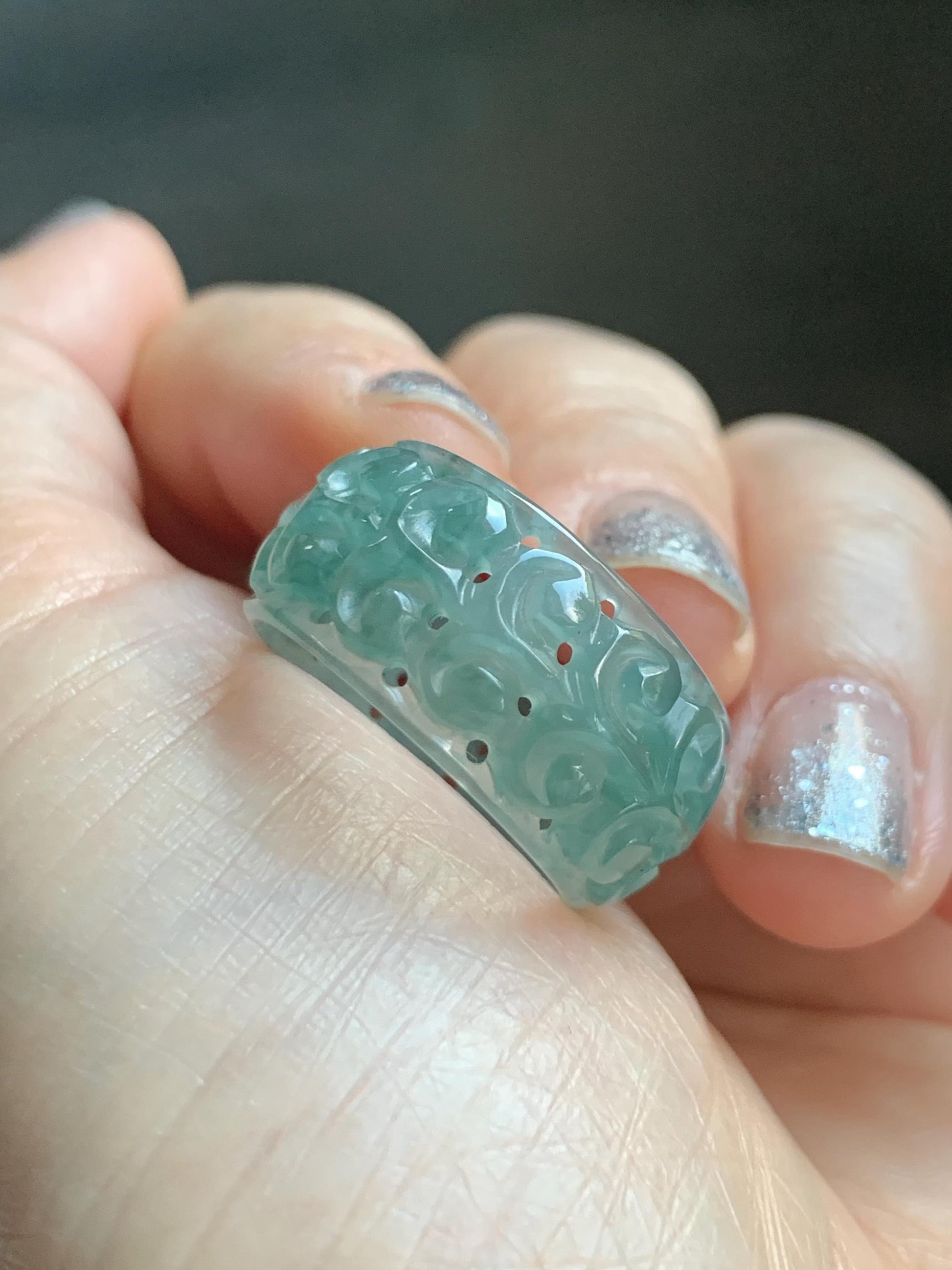 Natural Grade A Guatemalan Icy Translucent Dusty Teal Blue Jade Jadeite Openwork Engraved Band Ring Size 9 US 4g 天然冰危蓝绿翡翠镂空雕戒圈 LK330C