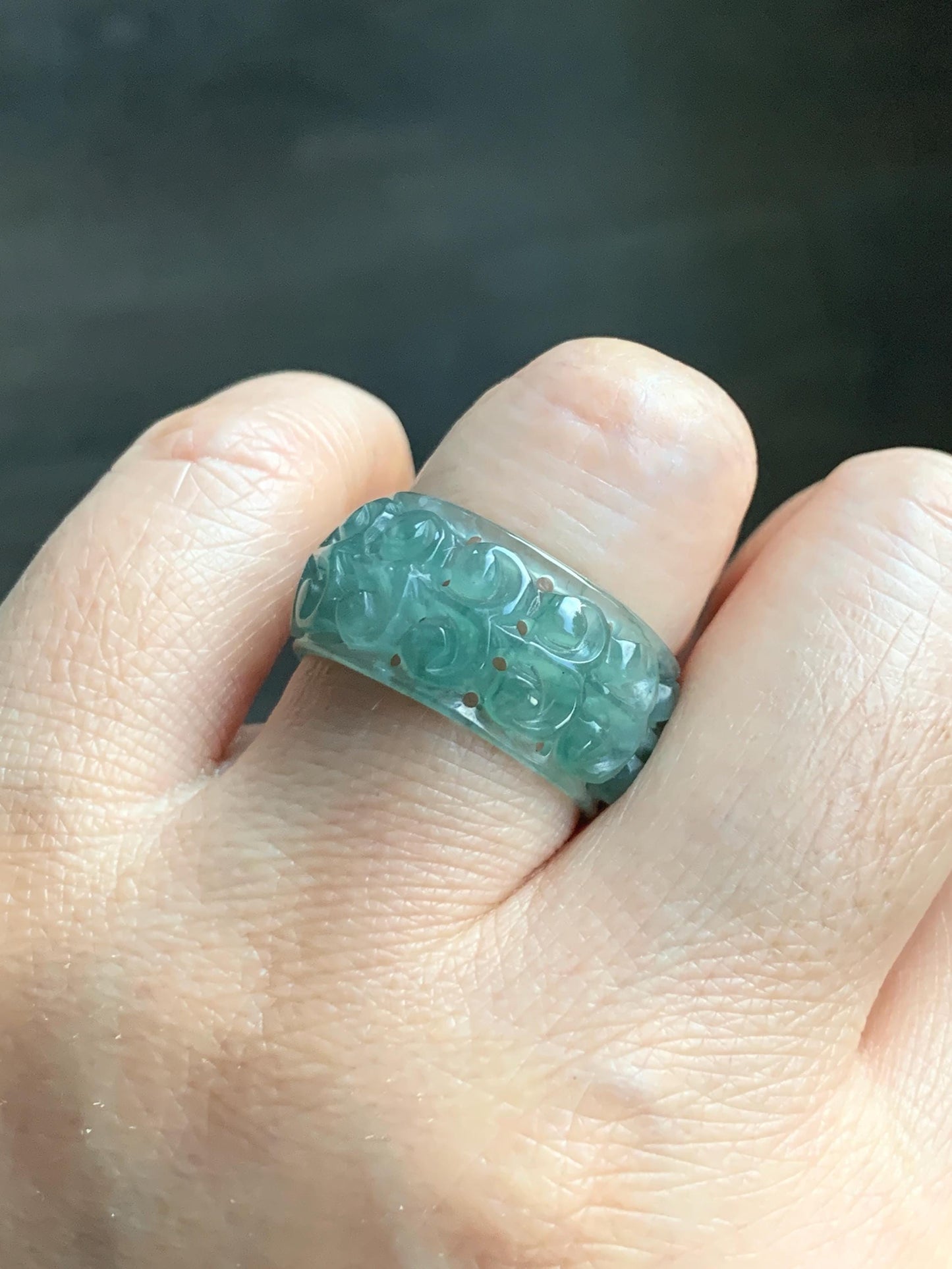 Natural Grade A Guatemalan Icy Translucent Dusty Teal Blue Jade Jadeite Openwork Engraved Band Ring Size 9 US 4g 天然冰危蓝绿翡翠镂空雕戒圈 LK330C