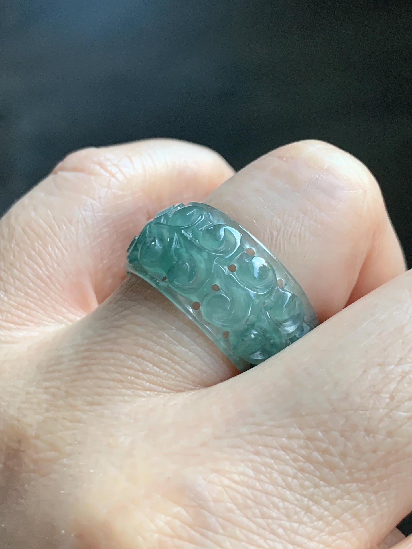 Natural Grade A Guatemalan Icy Translucent Dusty Teal Blue Jade Jadeite Openwork Engraved Band Ring Size 9 US 4g 天然冰危蓝绿翡翠镂空雕戒圈 LK330C