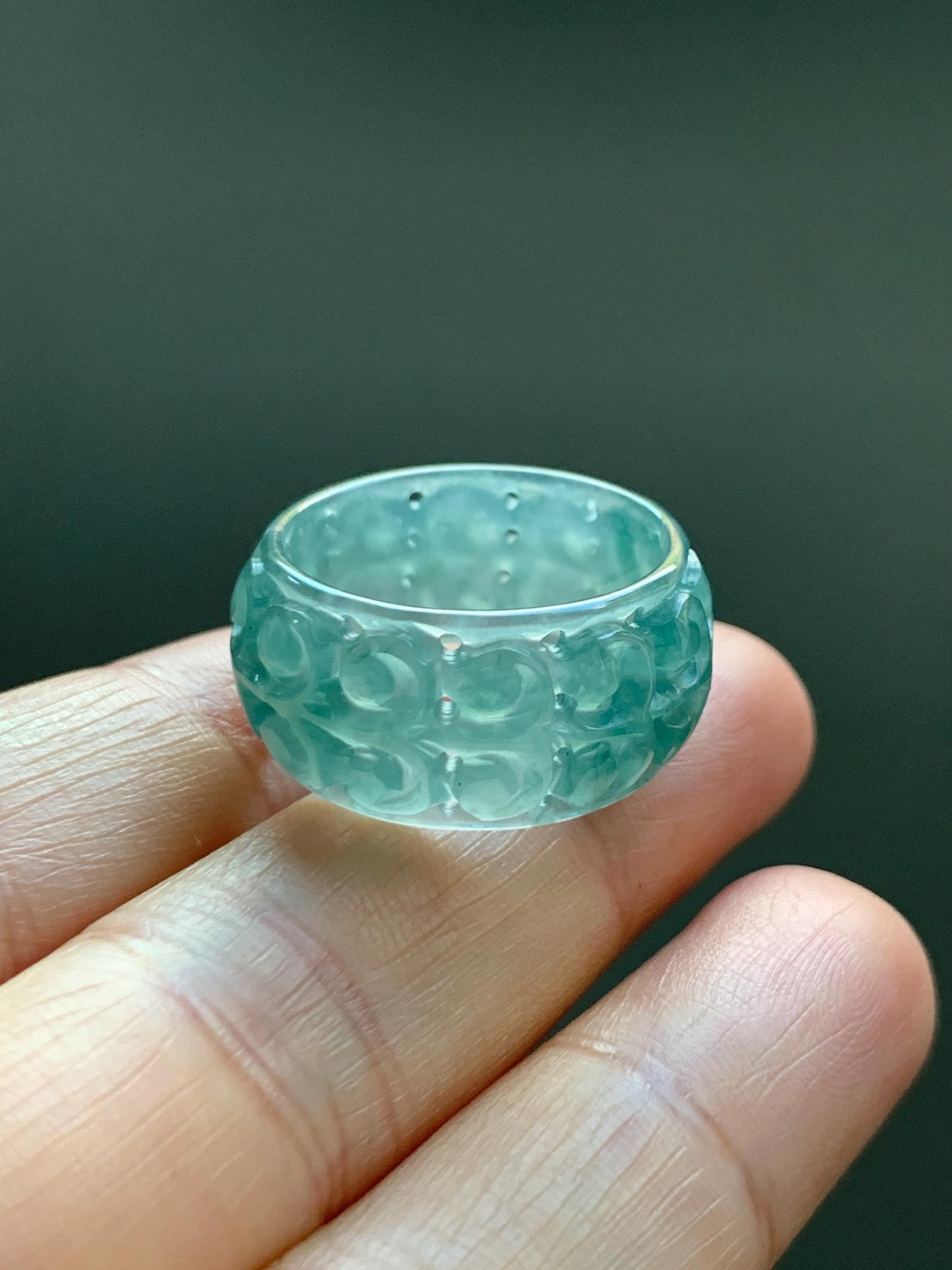 Natural Grade A Guatemalan Icy Translucent Dusty Teal Blue Jade Jadeite Openwork Engraved Band Ring Size 9 US 4g 天然冰危蓝绿翡翠镂空雕戒圈 LK330C