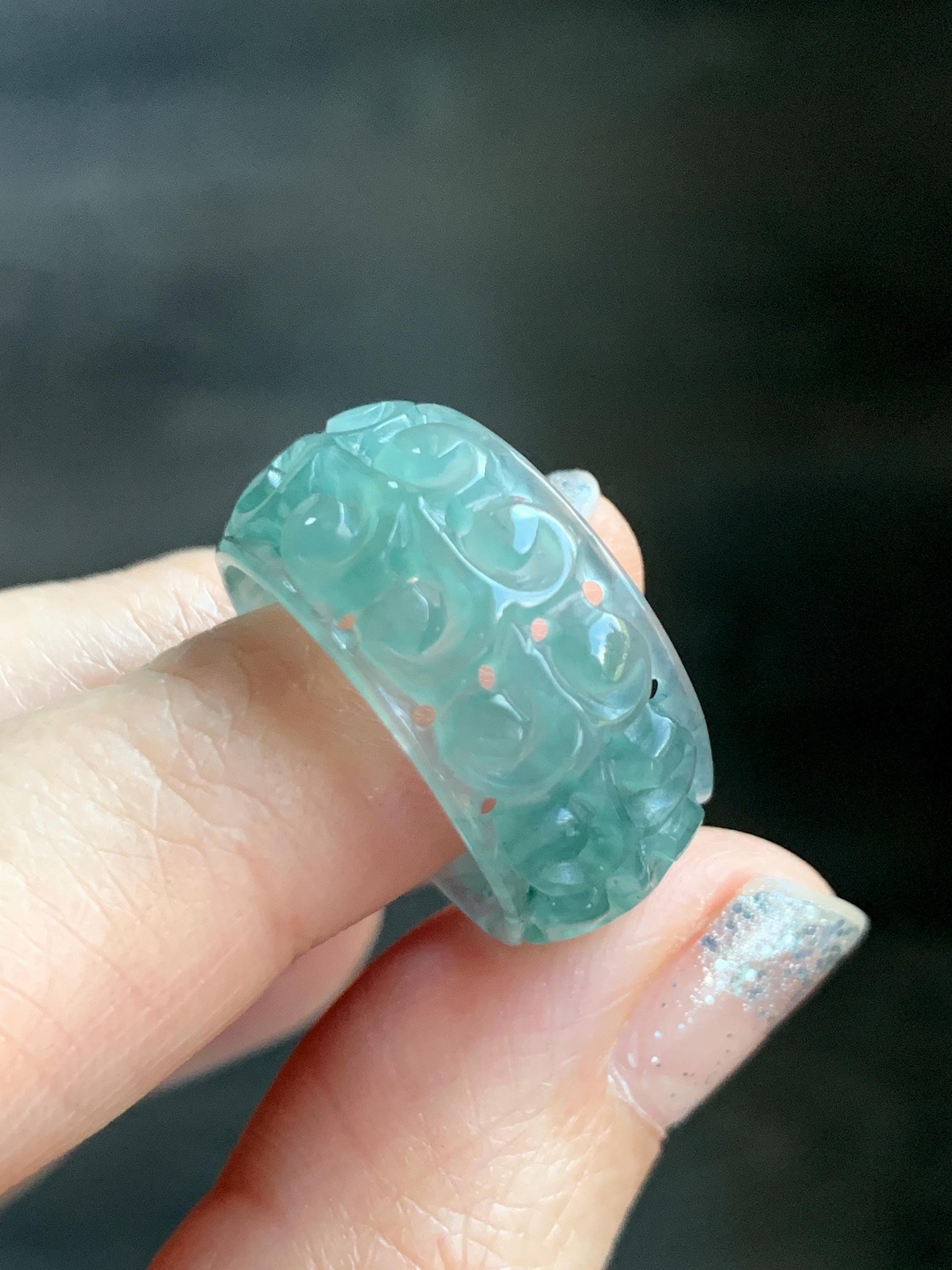 Natural Grade A Guatemalan Icy Translucent Dusty Teal Blue Jade Jadeite Openwork Engraved Band Ring Size 9 US 4g 天然冰危蓝绿翡翠镂空雕戒圈 LK330C